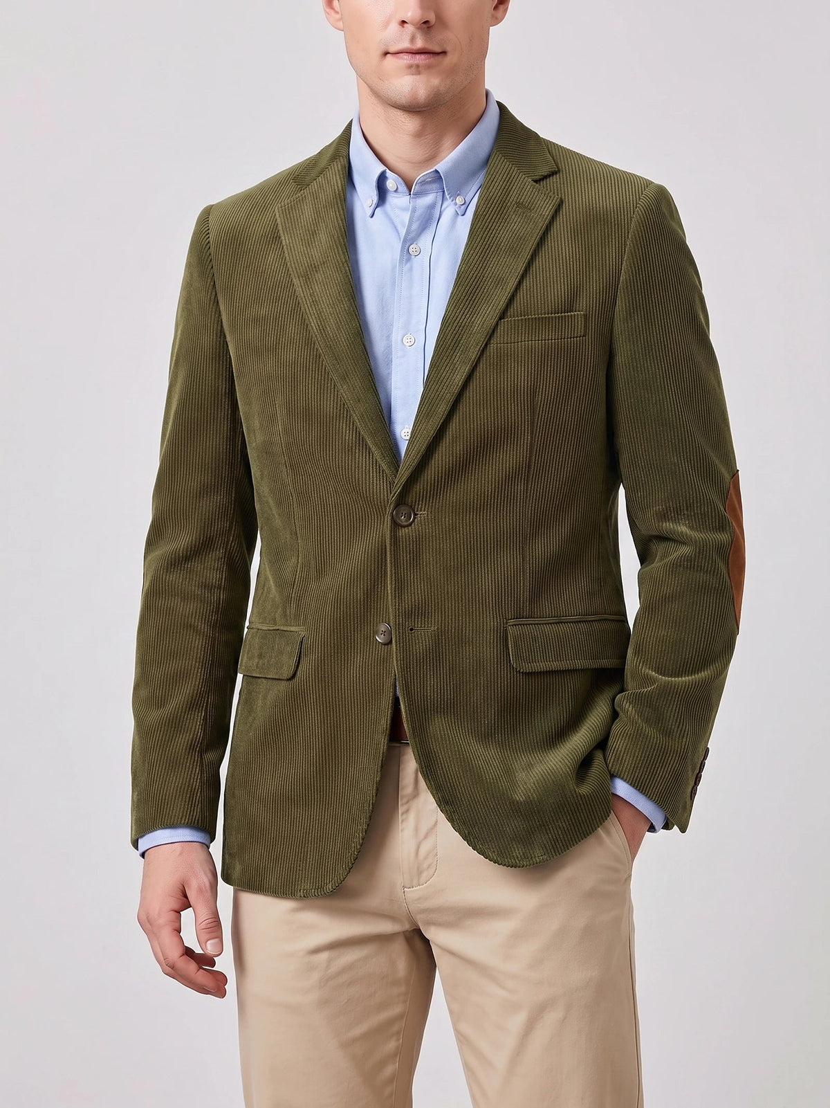 Men's Corduroy Blazer with Elbow Patches, Single-Breasted Business Casual Jacket for Spring and Autumn