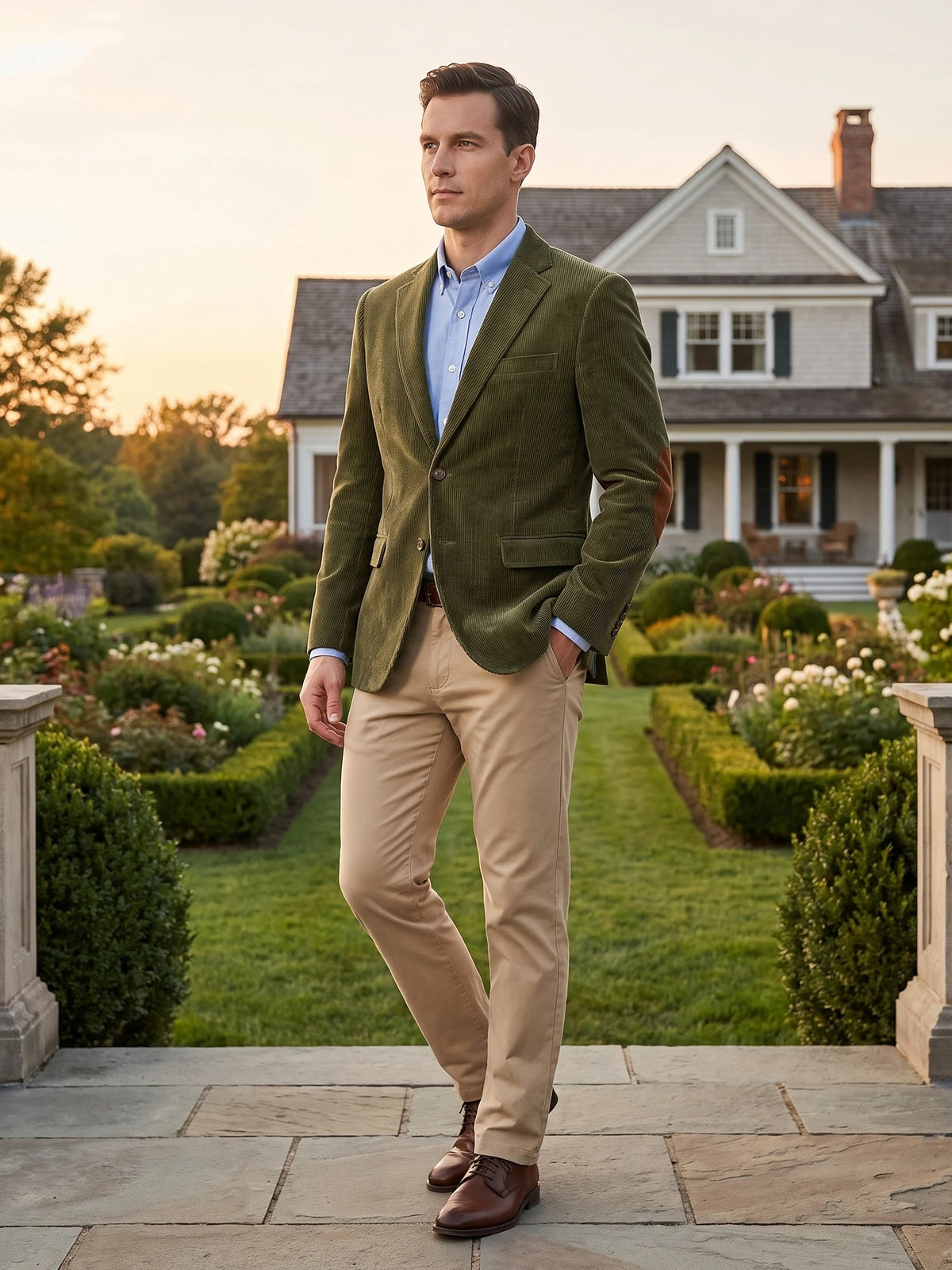 Men's Corduroy Blazer with Elbow Patches, Single-Breasted Business Casual Jacket for Spring and Autumn