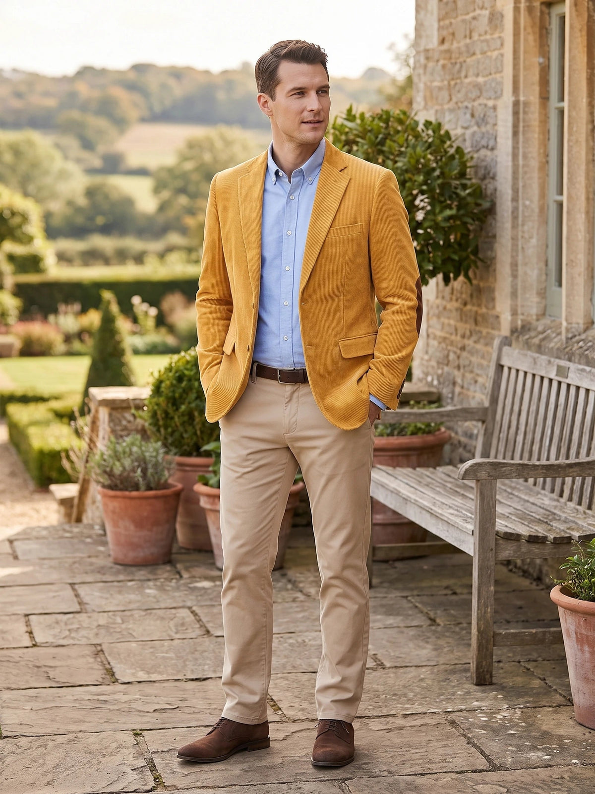 Men's Corduroy Blazer with Elbow Patches, Single-Breasted Business Casual Jacket for Spring and Autumn