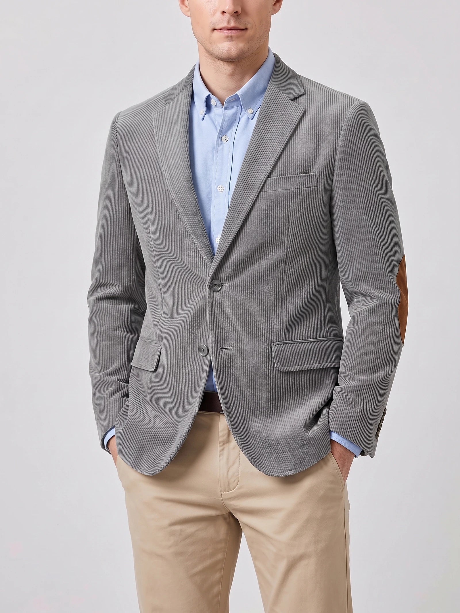 Men's Corduroy Blazer with Elbow Patches, Single-Breasted Business Casual Jacket for Spring and Autumn