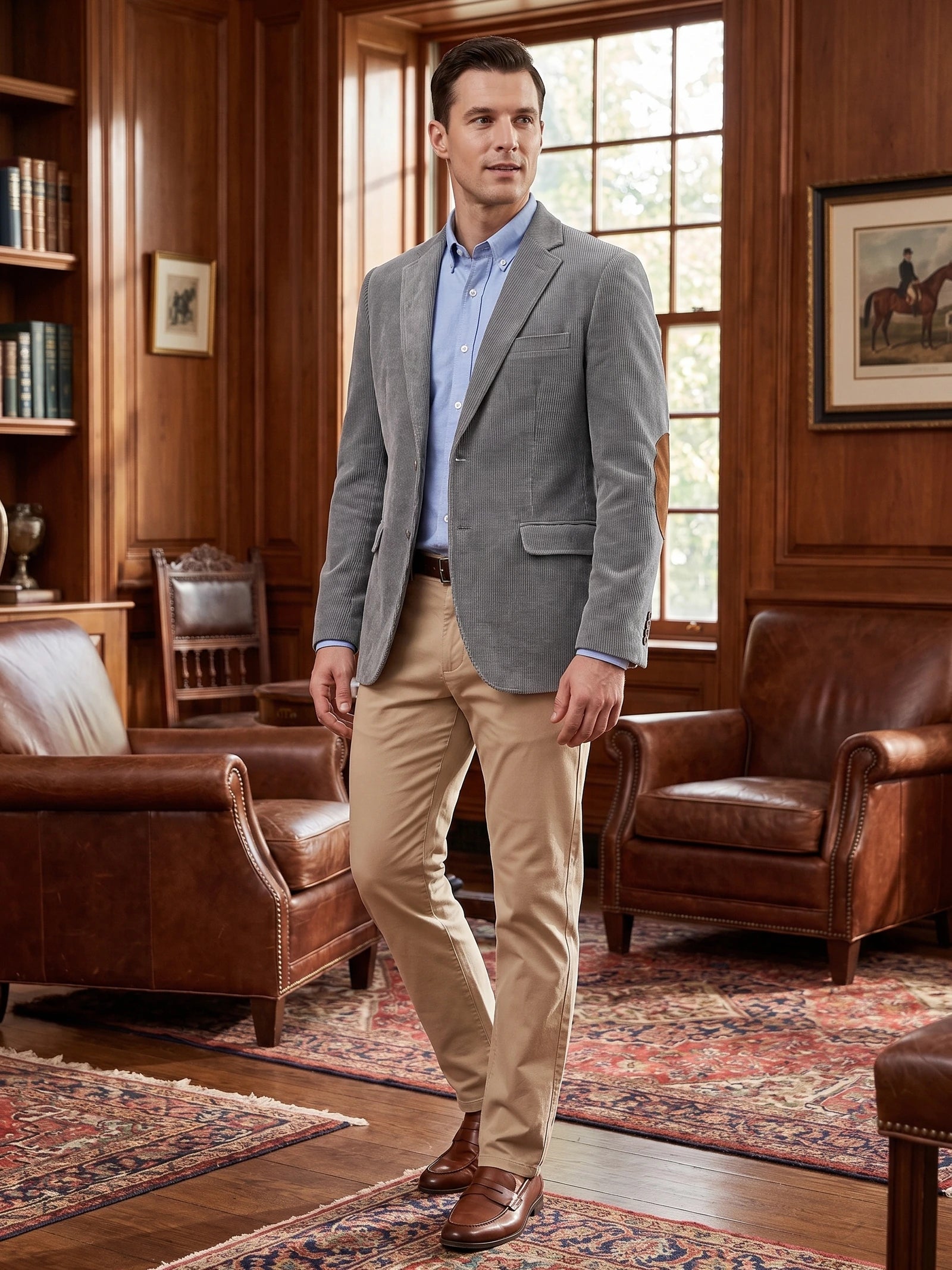 Men's Corduroy Blazer with Elbow Patches, Single-Breasted Business Casual Jacket for Spring and Autumn