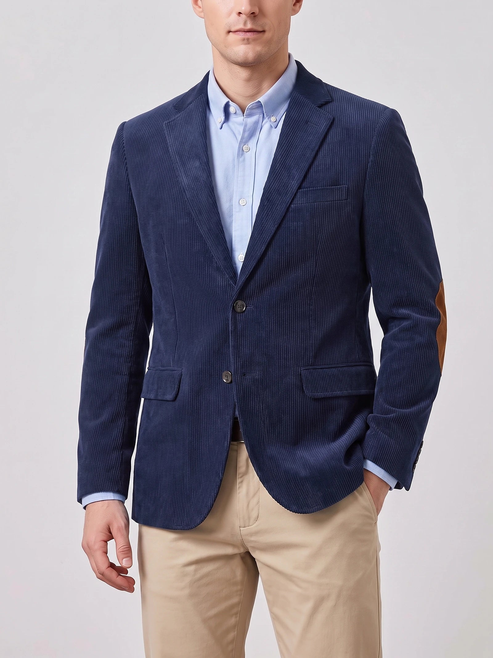 Men's Corduroy Blazer with Elbow Patches, Single-Breasted Business Casual Jacket for Spring and Autumn