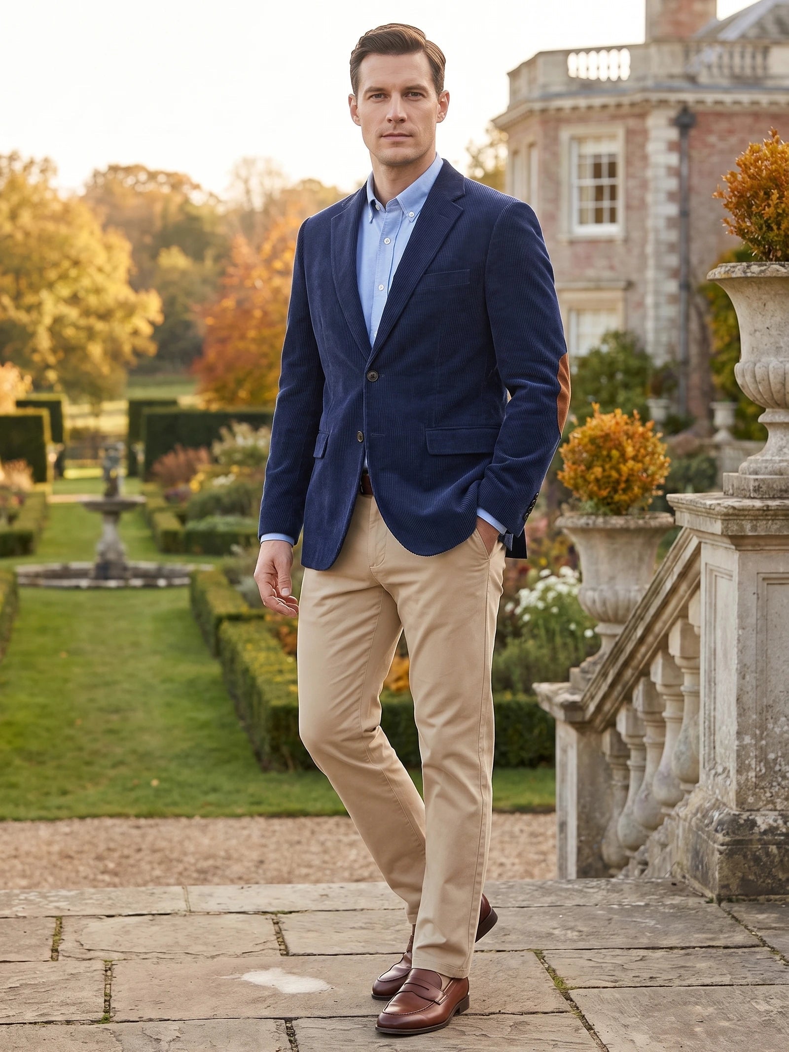 Men's Corduroy Blazer with Elbow Patches, Single-Breasted Business Casual Jacket for Spring and Autumn