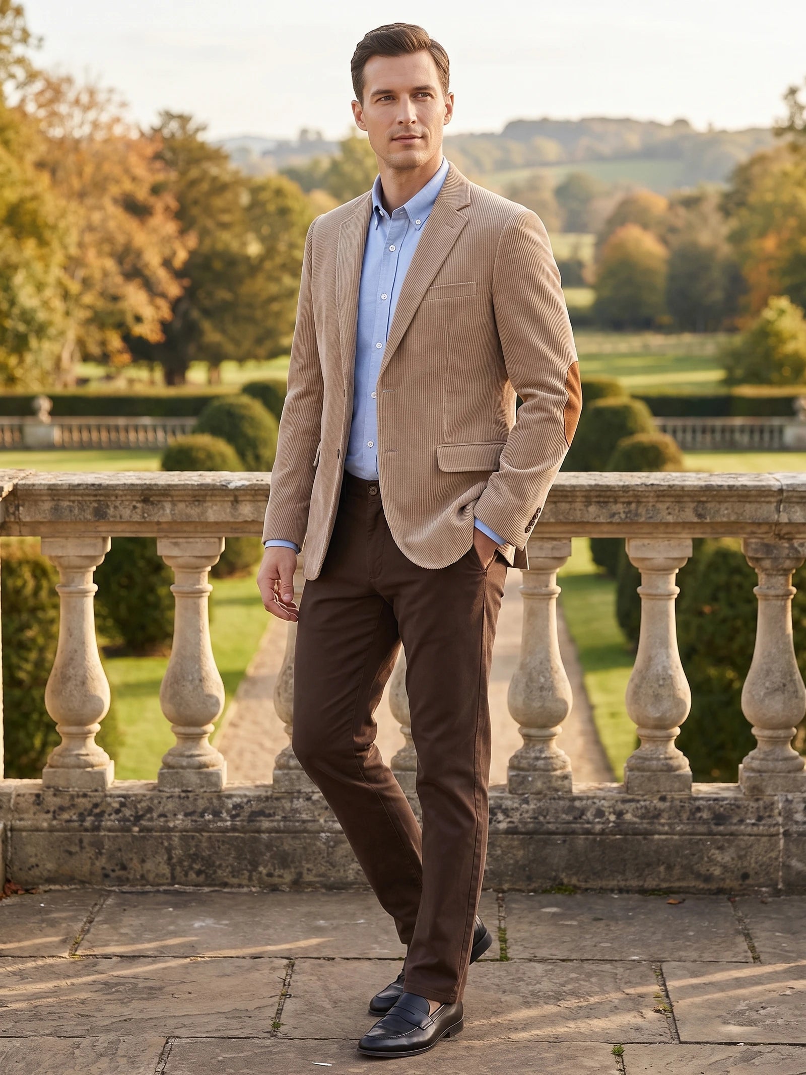 Men's Corduroy Blazer with Elbow Patches, Single-Breasted Business Casual Jacket for Spring and Autumn