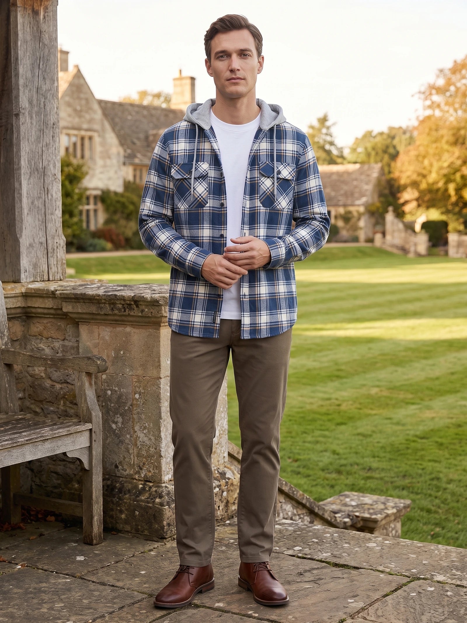 Men's Flannel Jacket, Hooded Check Long Sleeve Autumn Jacket