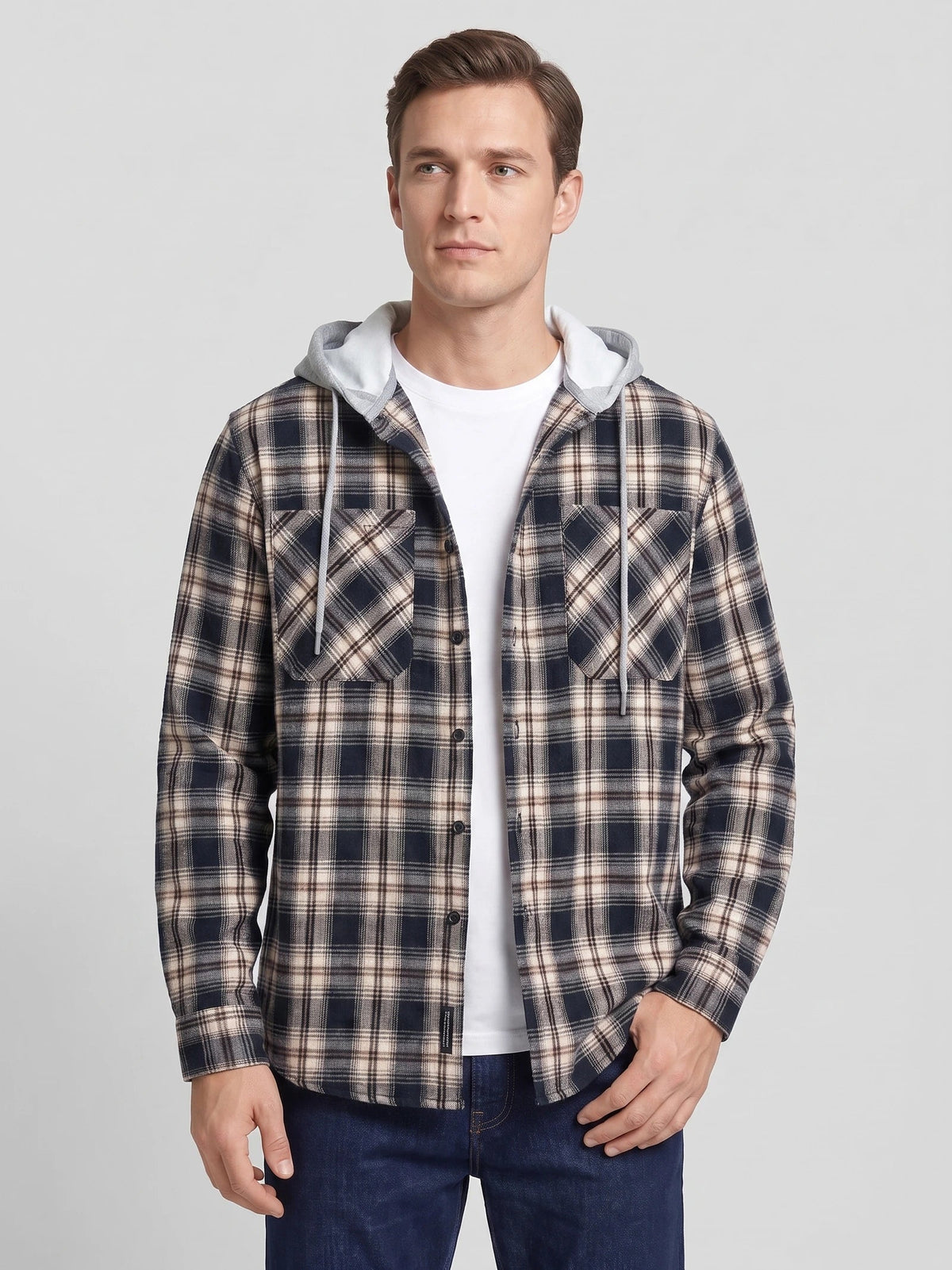 Men's Flannel Jacket, Hooded Check Long Sleeve Autumn Jacket