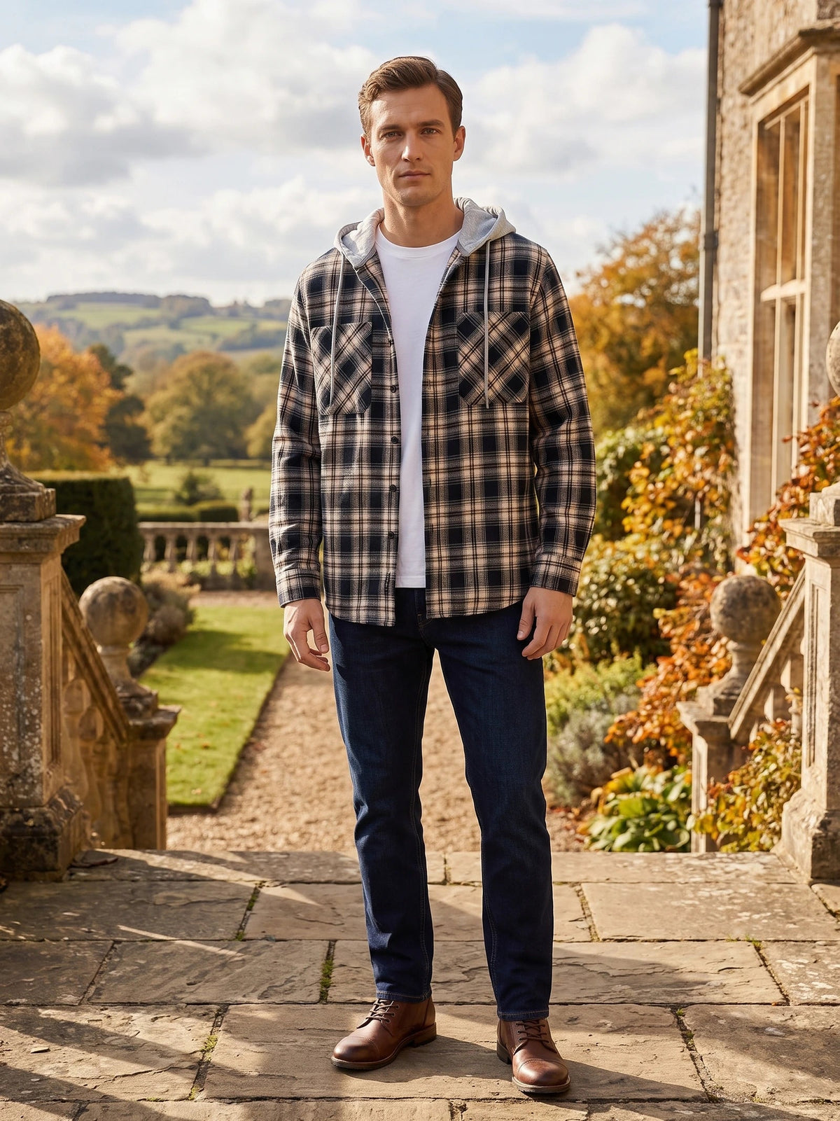 Men's Flannel Jacket, Hooded Check Long Sleeve Autumn Jacket