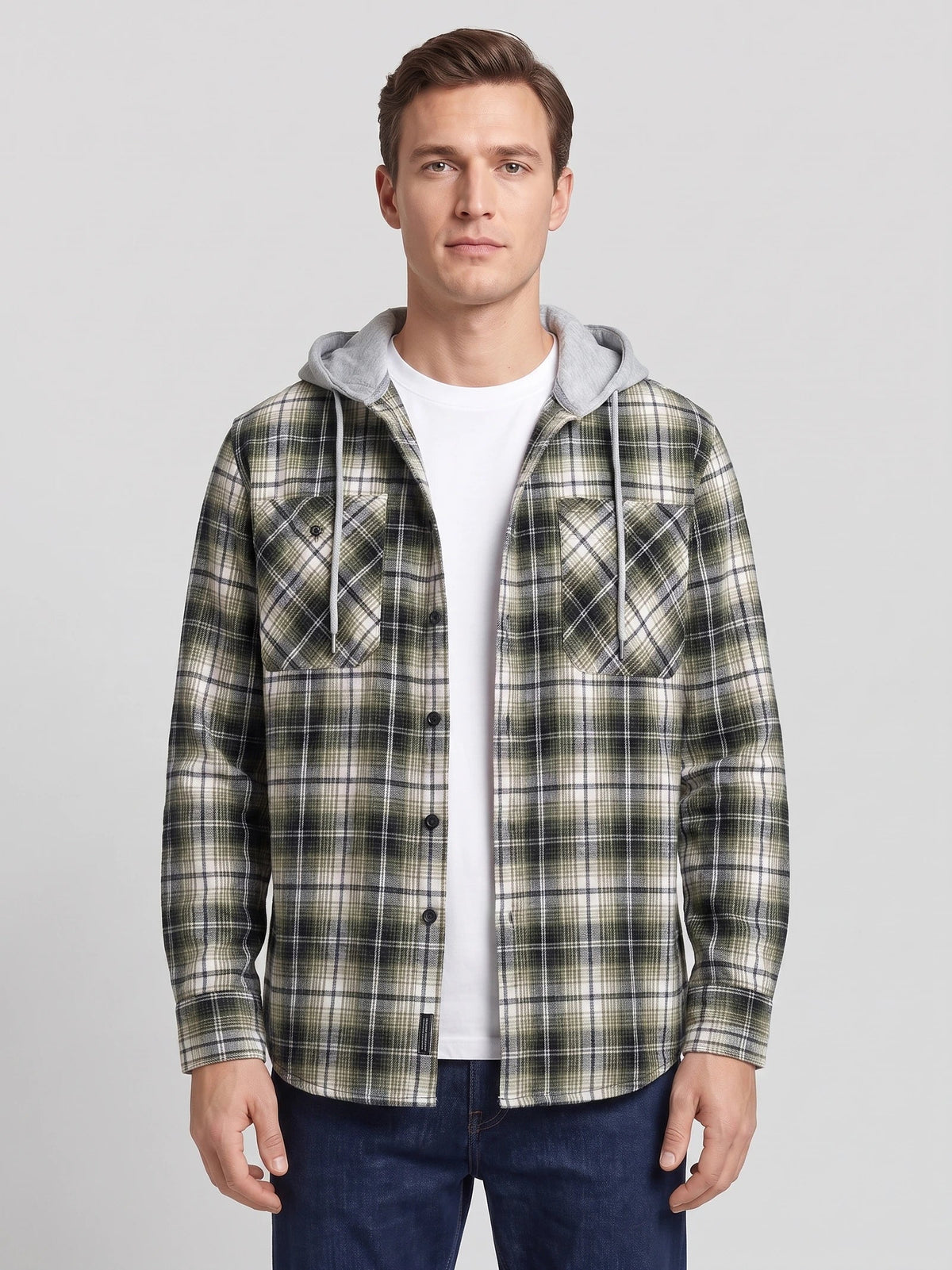 Men's Flannel Jacket, Hooded Check Long Sleeve Autumn Jacket