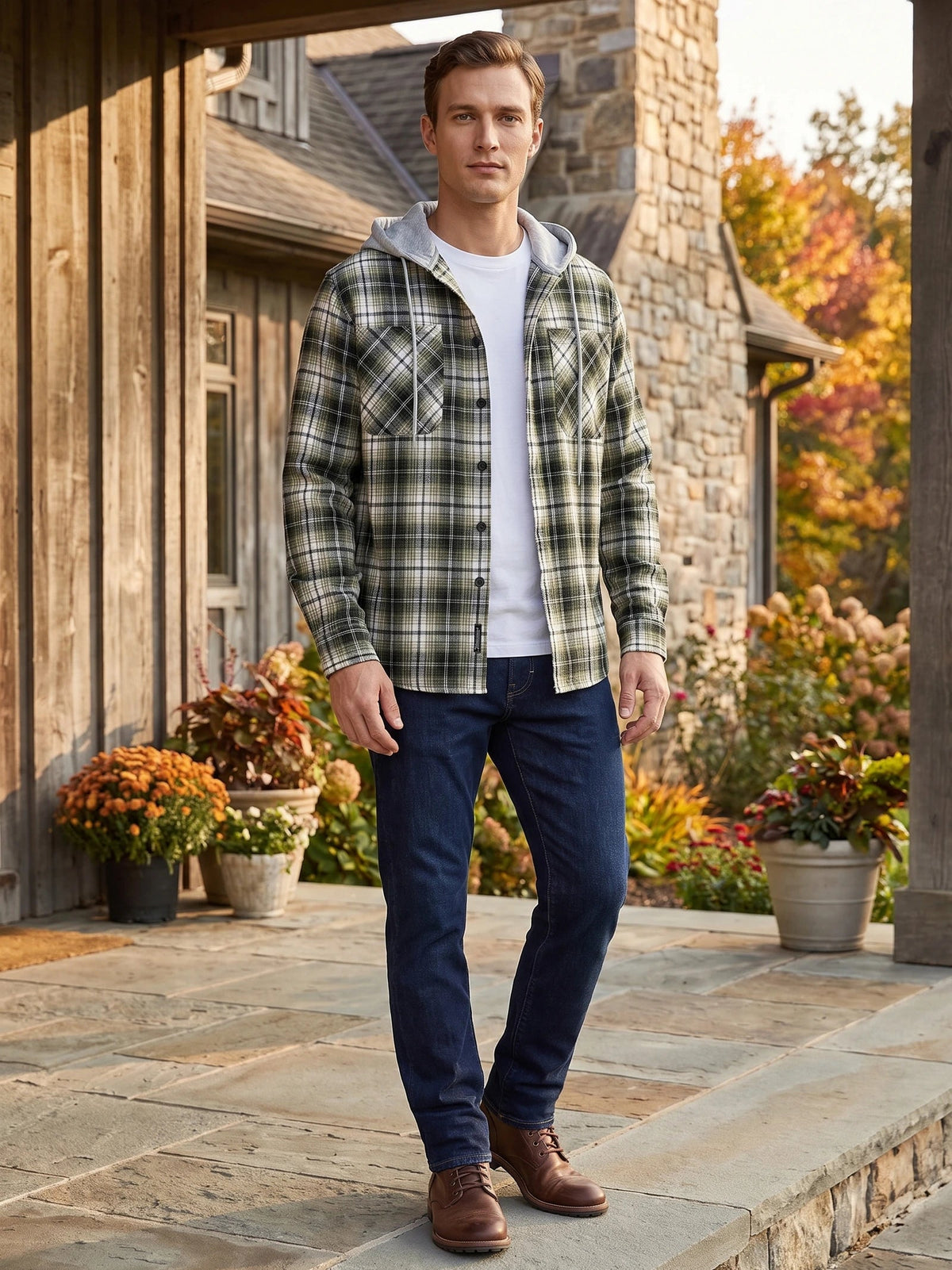 Men's Flannel Jacket, Hooded Check Long Sleeve Autumn Jacket