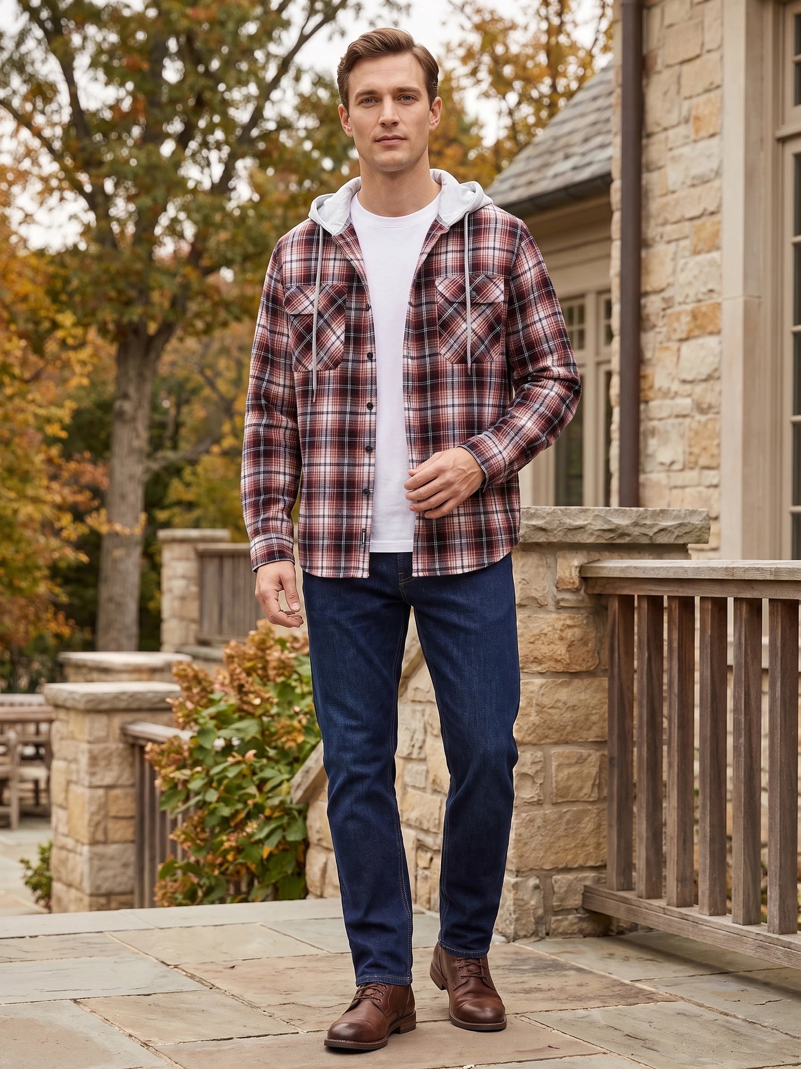 Men's Flannel Jacket, Hooded Check Long Sleeve Autumn Jacket