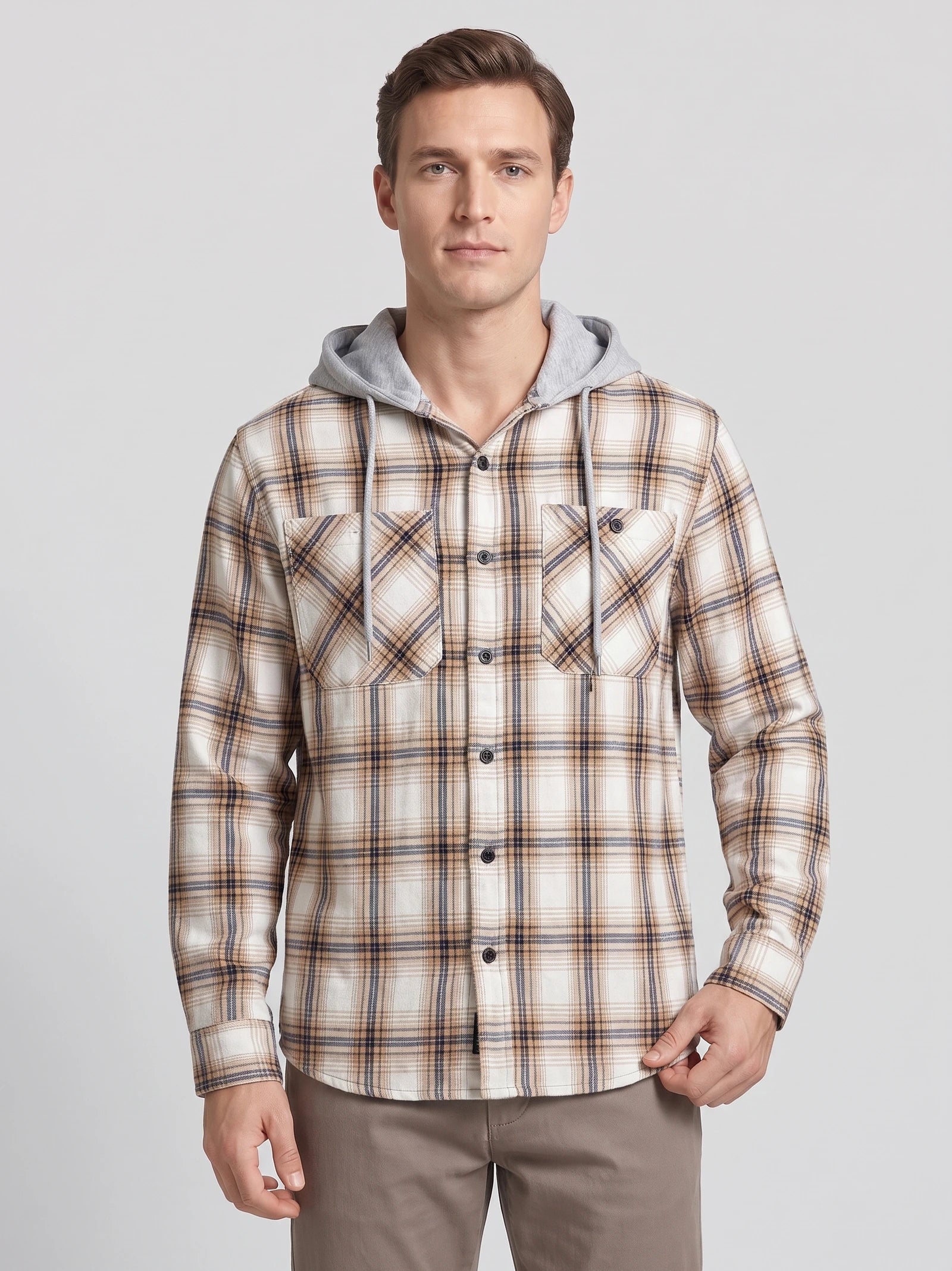Men's Flannel Jacket, Hooded Check Long Sleeve Autumn Jacket