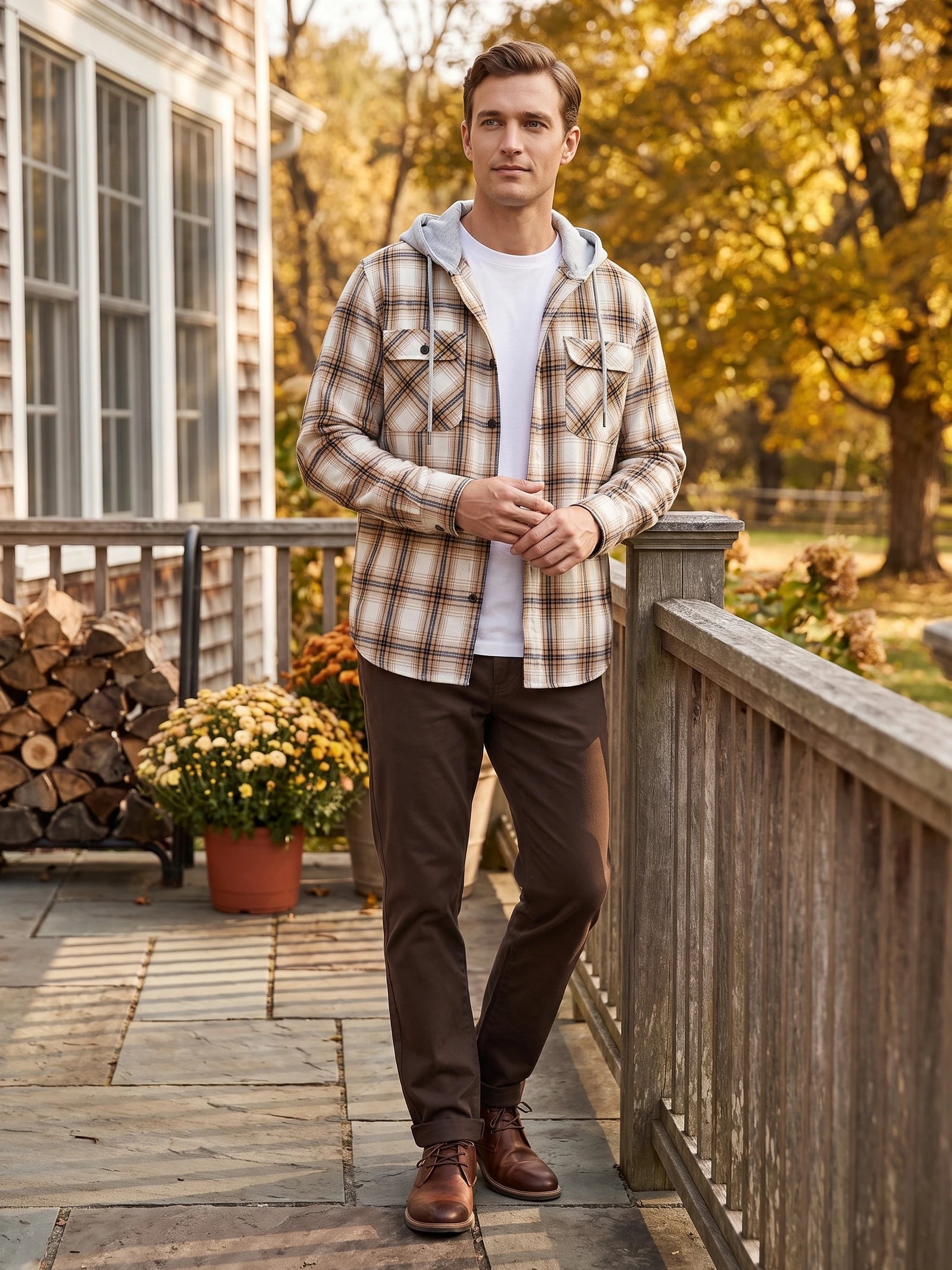 Men's Flannel Jacket, Hooded Check Long Sleeve Autumn Jacket