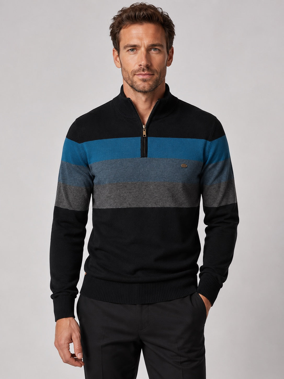 Men’s Quarter Zip Jumper Patchwork Cotton Mock Neck Warm Winter Pullover for Business Casual and Everyday Wear