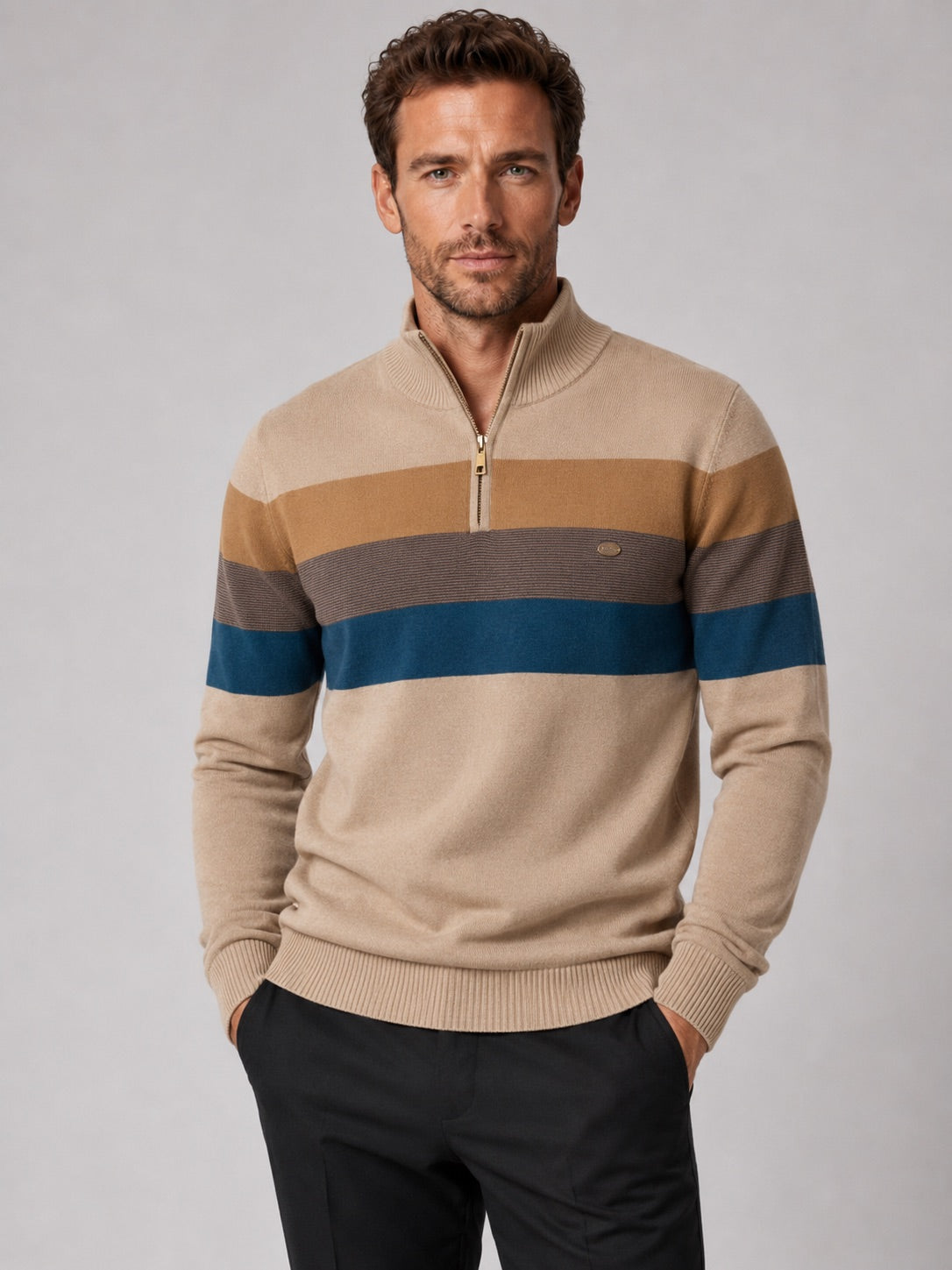 Men’s Quarter Zip Jumper Patchwork Cotton Mock Neck Warm Winter Pullover for Business Casual and Everyday Wear
