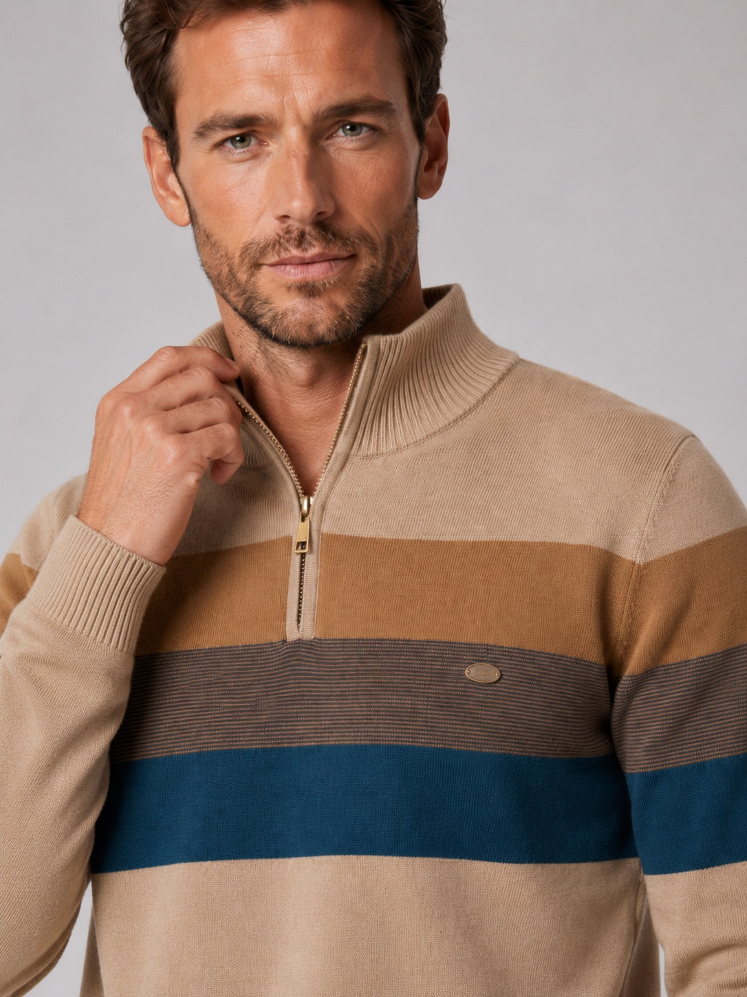 Men’s Quarter Zip Jumper Patchwork Cotton Mock Neck Warm Winter Pullover for Business Casual and Everyday Wear