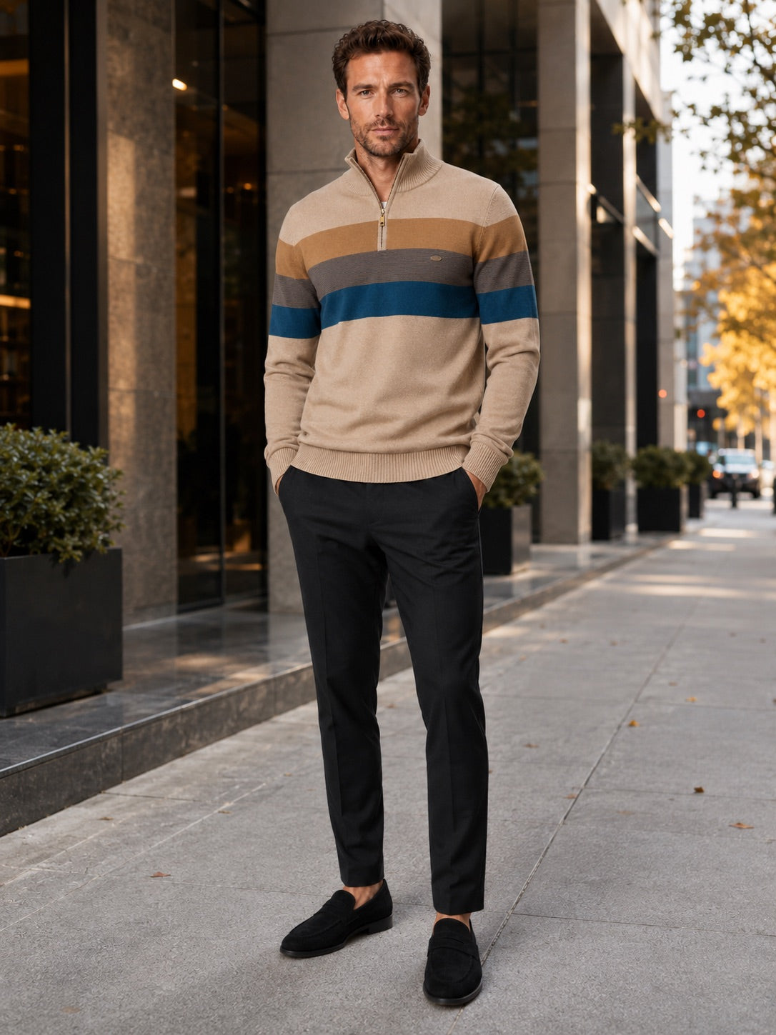 Men’s Quarter Zip Jumper Patchwork Cotton Mock Neck Warm Winter Pullover for Business Casual and Everyday Wear