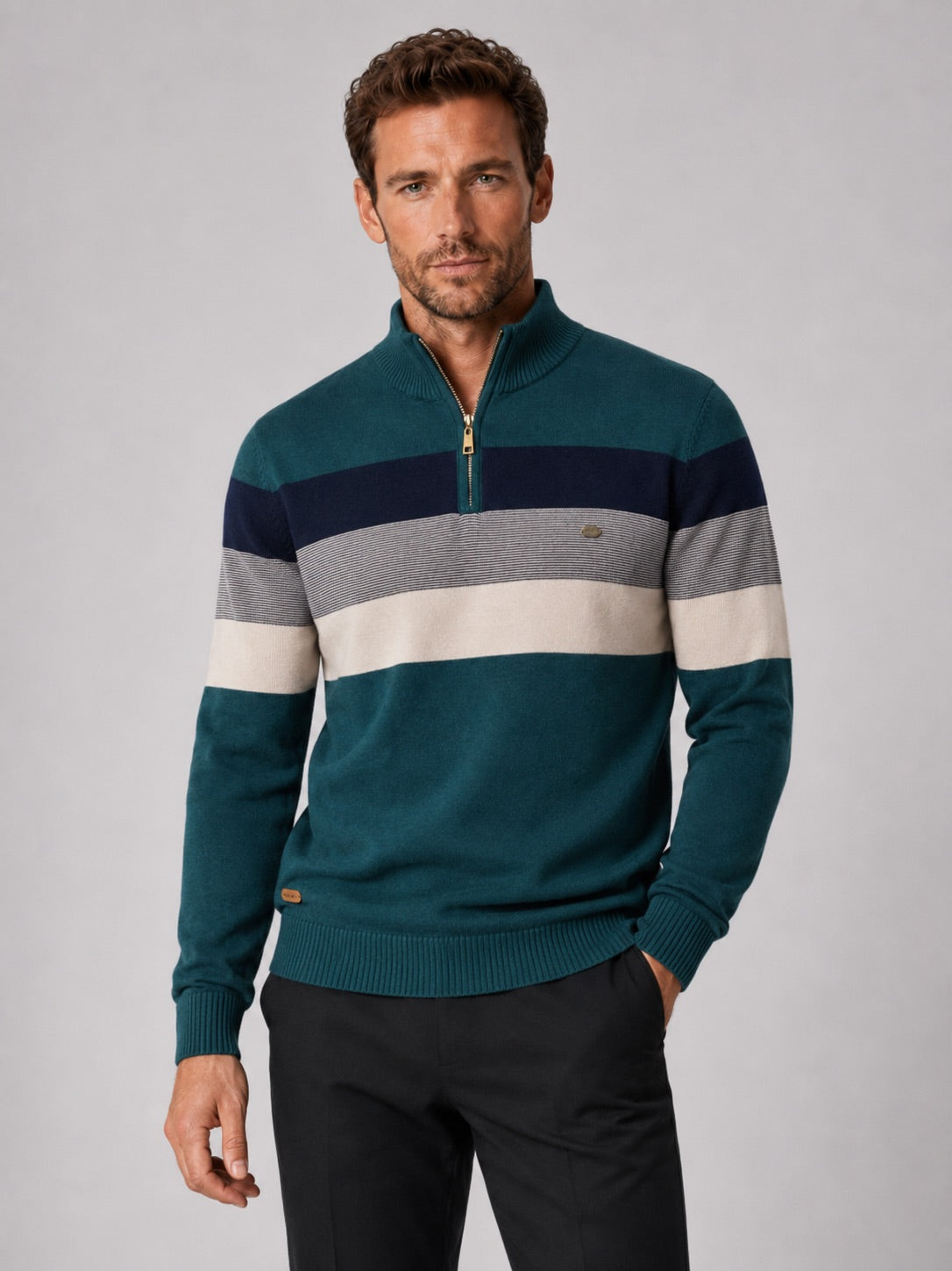 Men’s Quarter Zip Jumper Patchwork Cotton Mock Neck Warm Winter Pullover for Business Casual and Everyday Wear