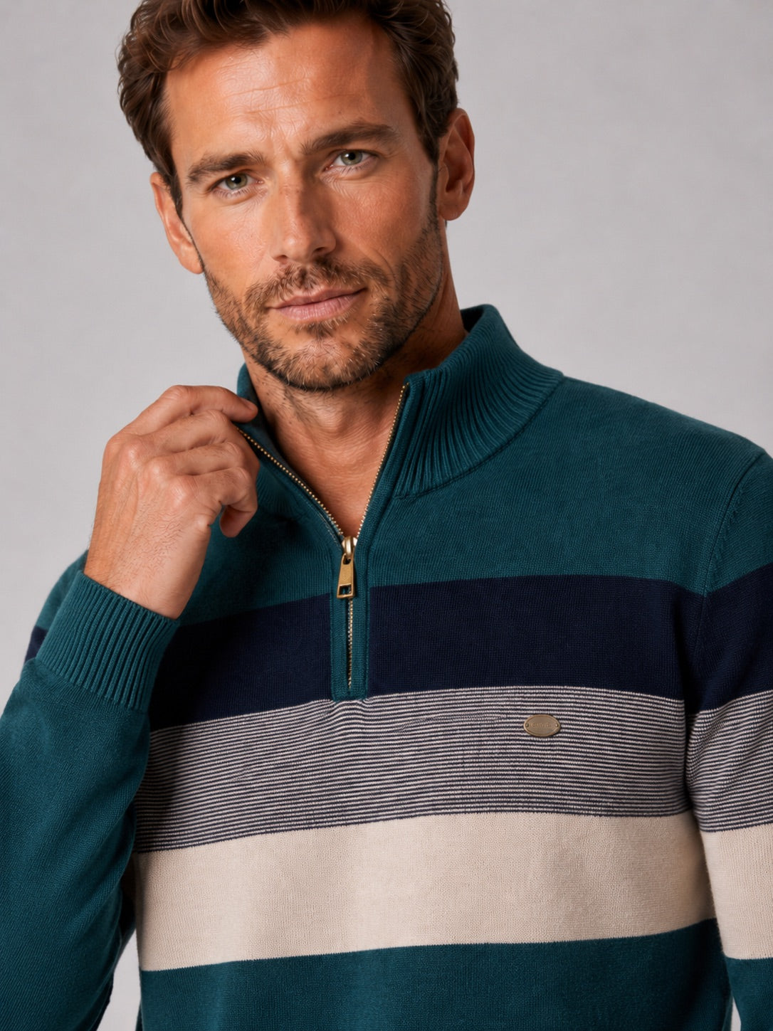 Men’s Quarter Zip Jumper Patchwork Cotton Mock Neck Warm Winter Pullover for Business Casual and Everyday Wear