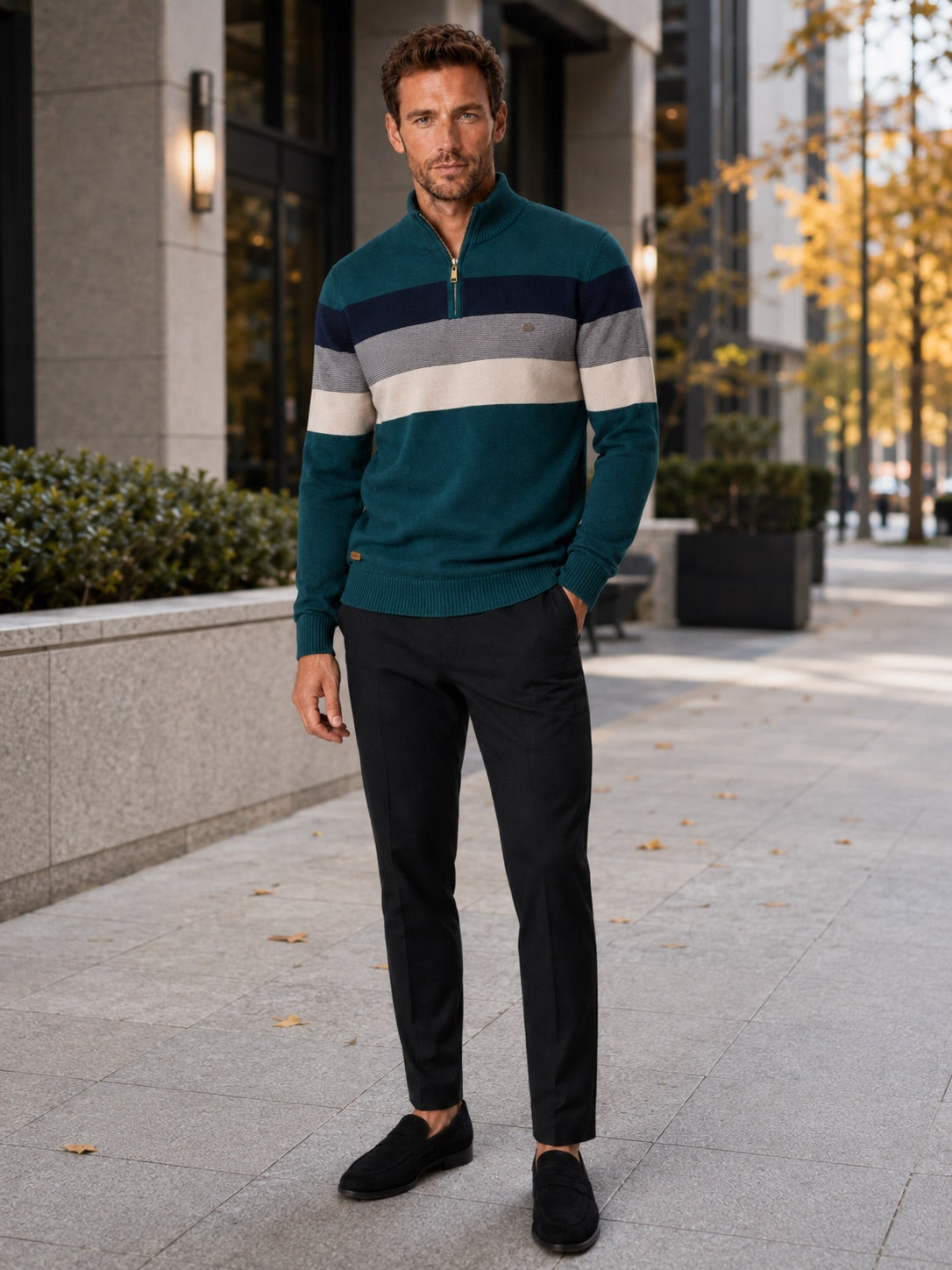 Men’s Quarter Zip Jumper Patchwork Cotton Mock Neck Warm Winter Pullover for Business Casual and Everyday Wear