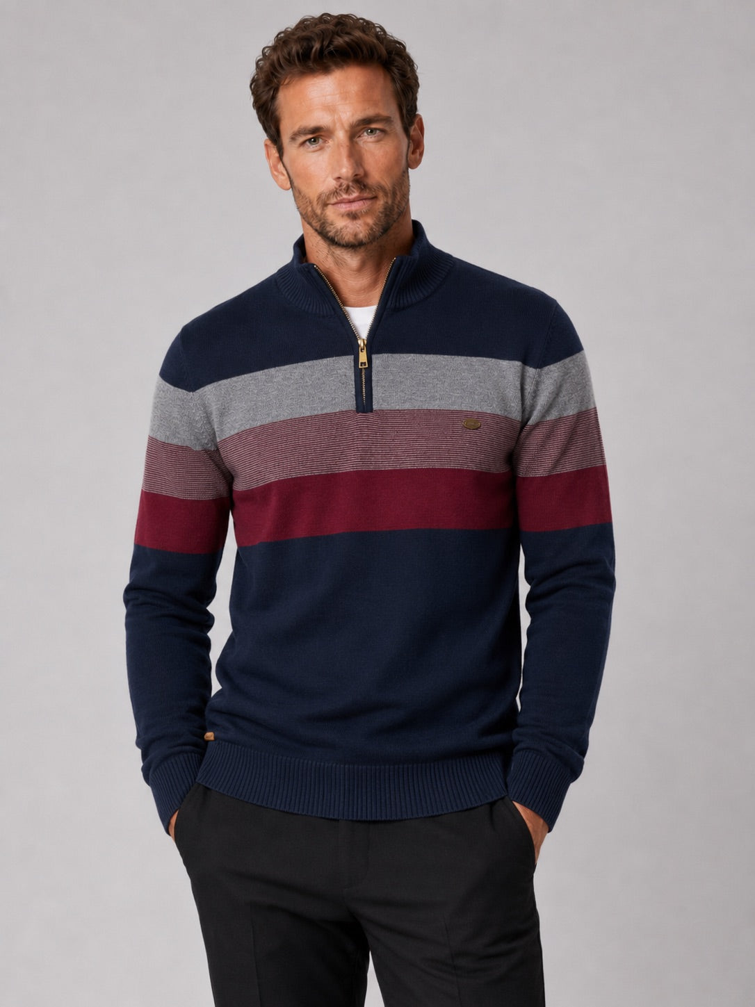 Men’s Quarter Zip Jumper Patchwork Cotton Mock Neck Warm Winter Pullover for Business Casual and Everyday Wear