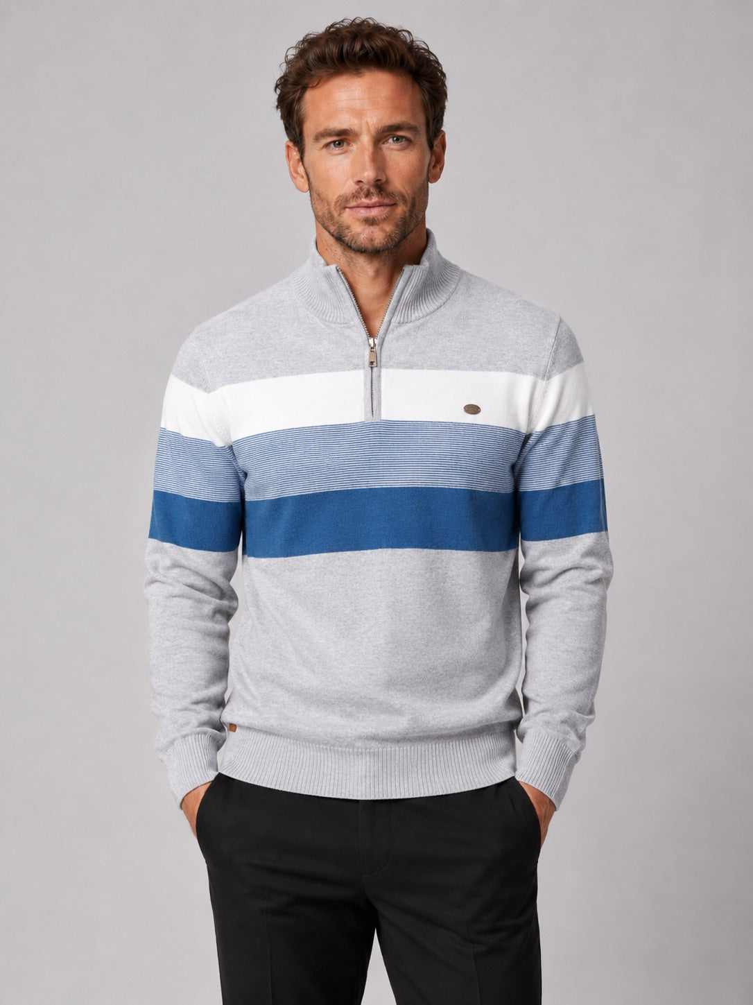 Men’s Quarter Zip Jumper Patchwork Cotton Mock Neck Warm Winter Pullover for Business Casual and Everyday Wear