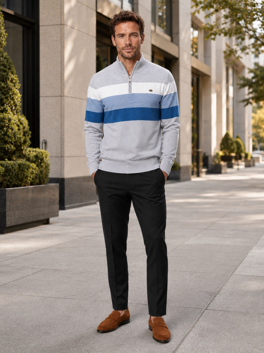 Men’s Quarter Zip Jumper Patchwork Cotton Mock Neck Warm Winter Pullover for Business Casual and Everyday Wear