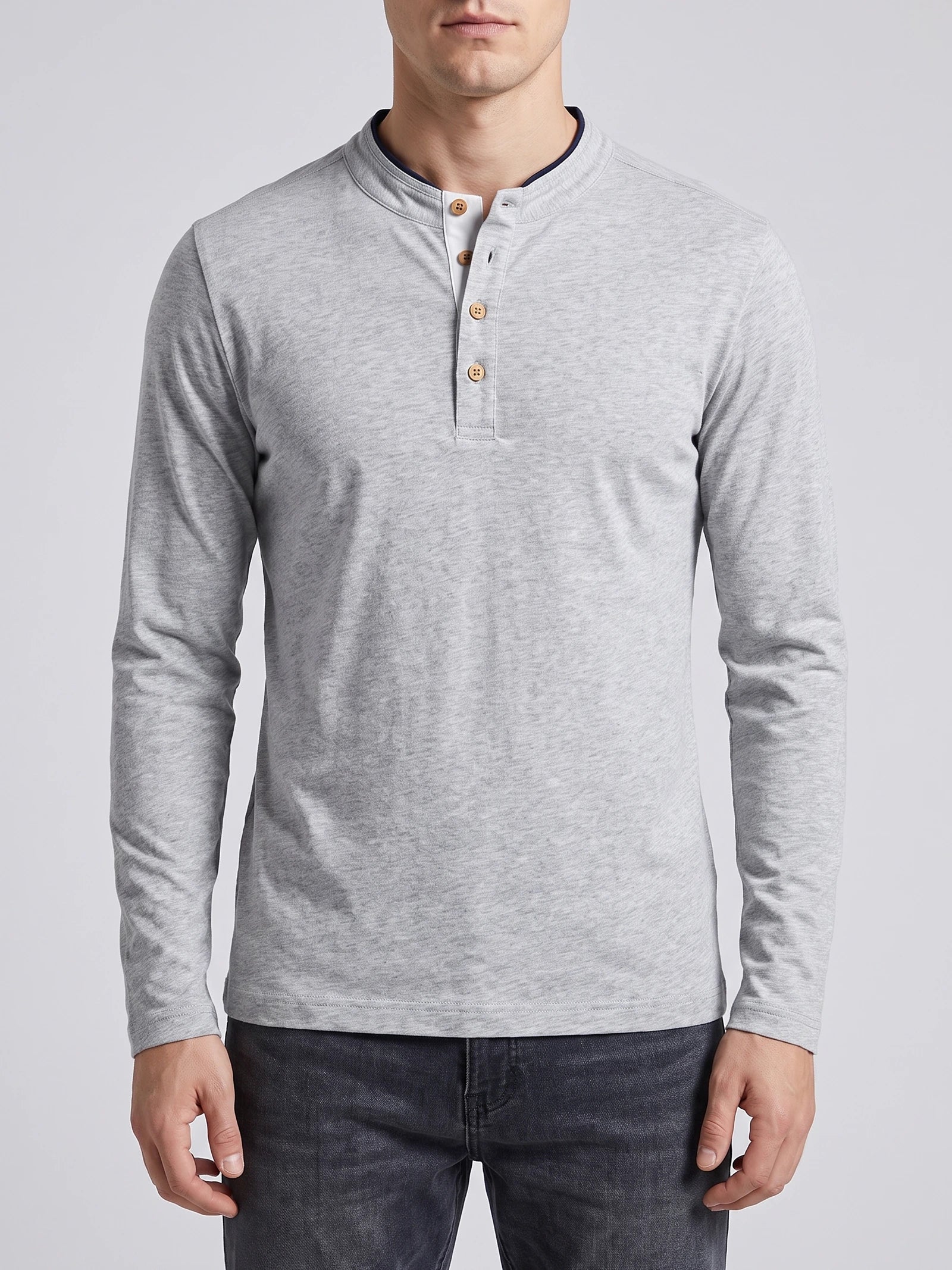 Men's Slim-Fit Long Sleeve Henley Shirt, Cotton Button Collar