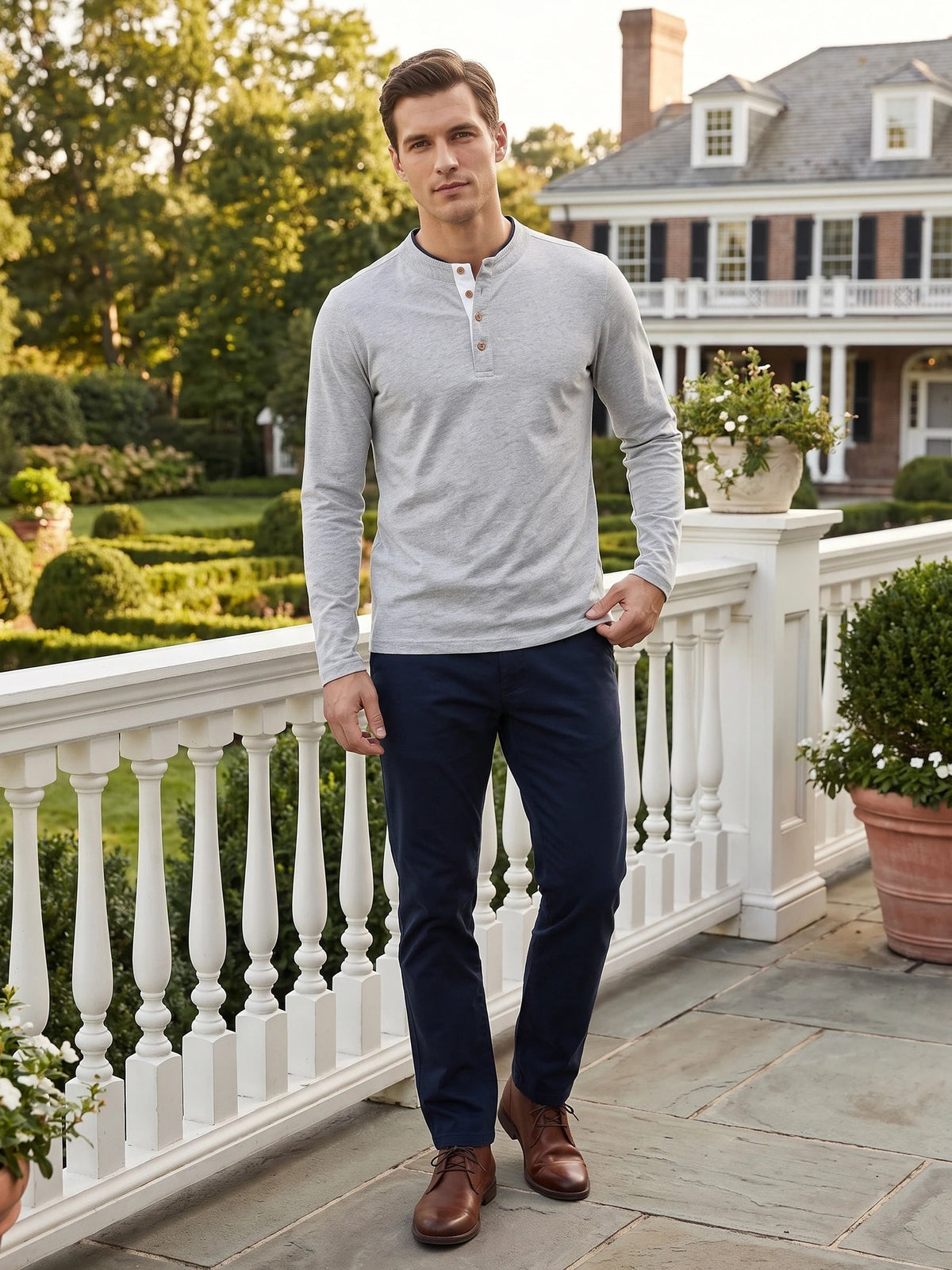 Men's Slim-Fit Long Sleeve Henley Shirt, Cotton Button Collar