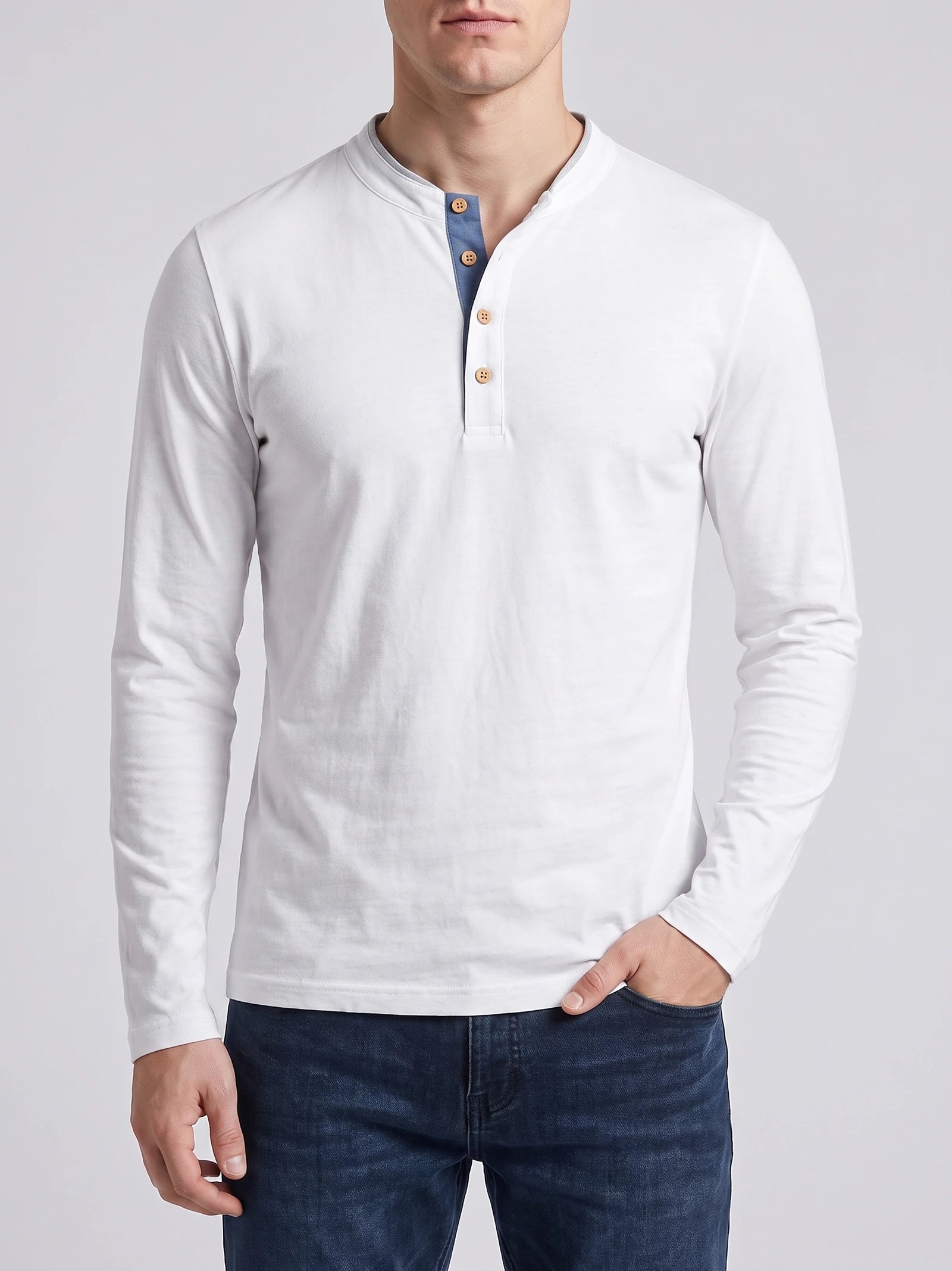 Men's Slim-Fit Long Sleeve Henley Shirt, Cotton Button Collar