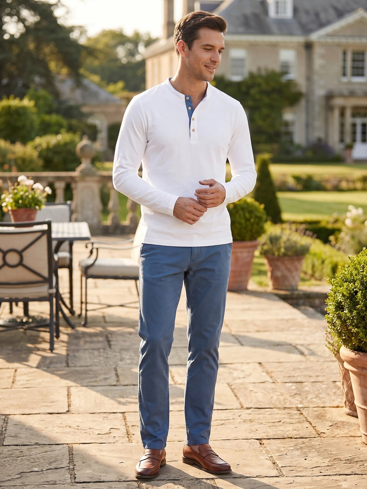 Men's Slim-Fit Long Sleeve Henley Shirt, Cotton Button Collar