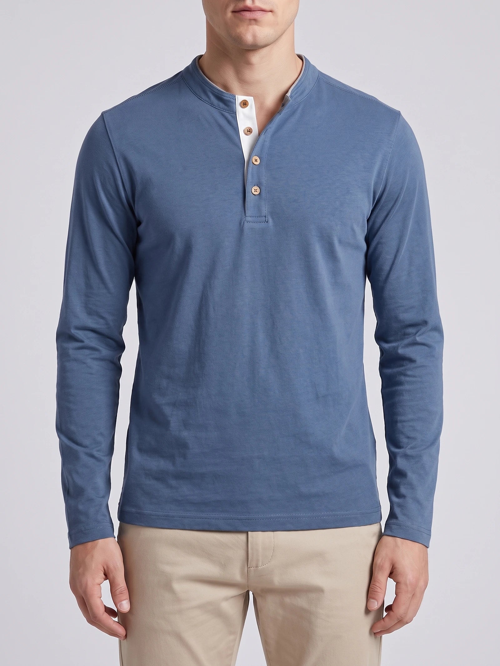 Men's Slim-Fit Long Sleeve Henley Shirt, Cotton Button Collar