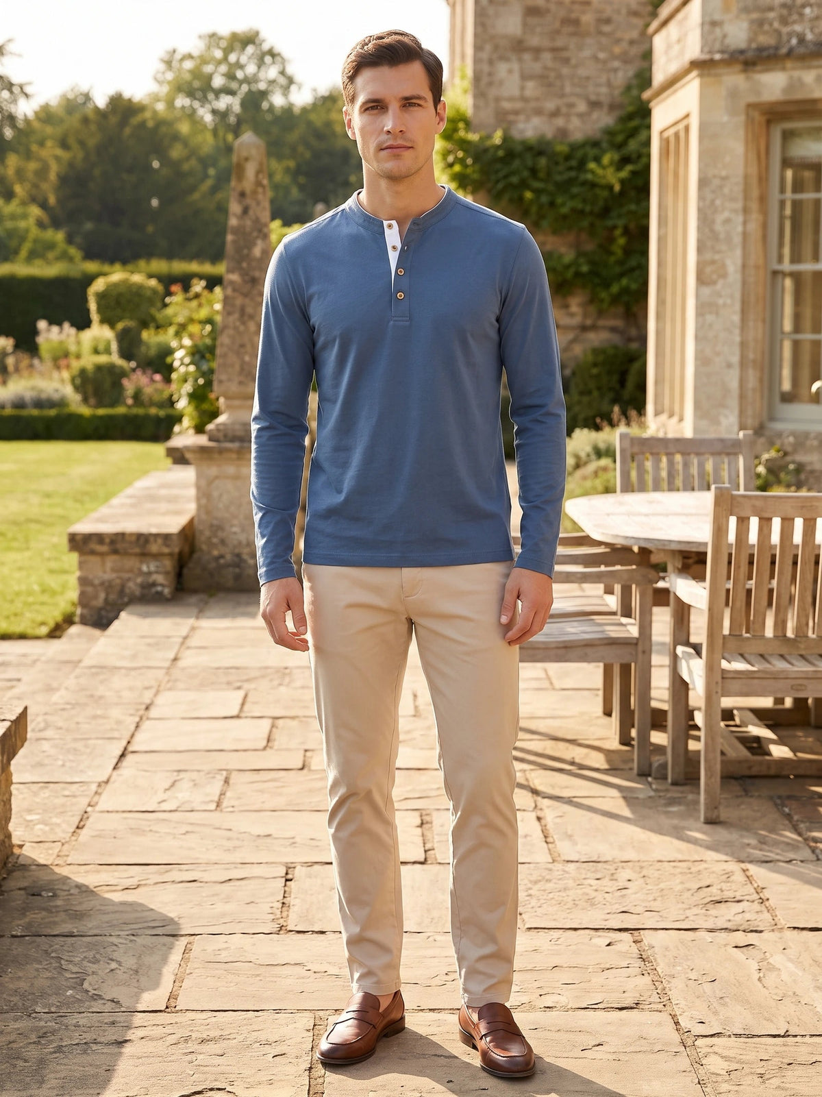 Men's Slim-Fit Long Sleeve Henley Shirt, Cotton Button Collar