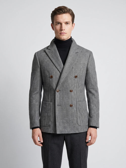 Men's Suit Coat Double-Breasted Herringbone Wool Blazer for Business Casual