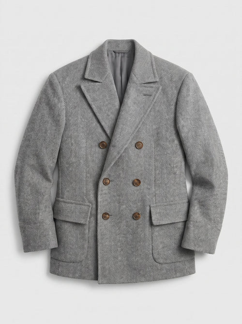 Men's Suit Coat Double-Breasted Herringbone Wool Blazer for Business Casual