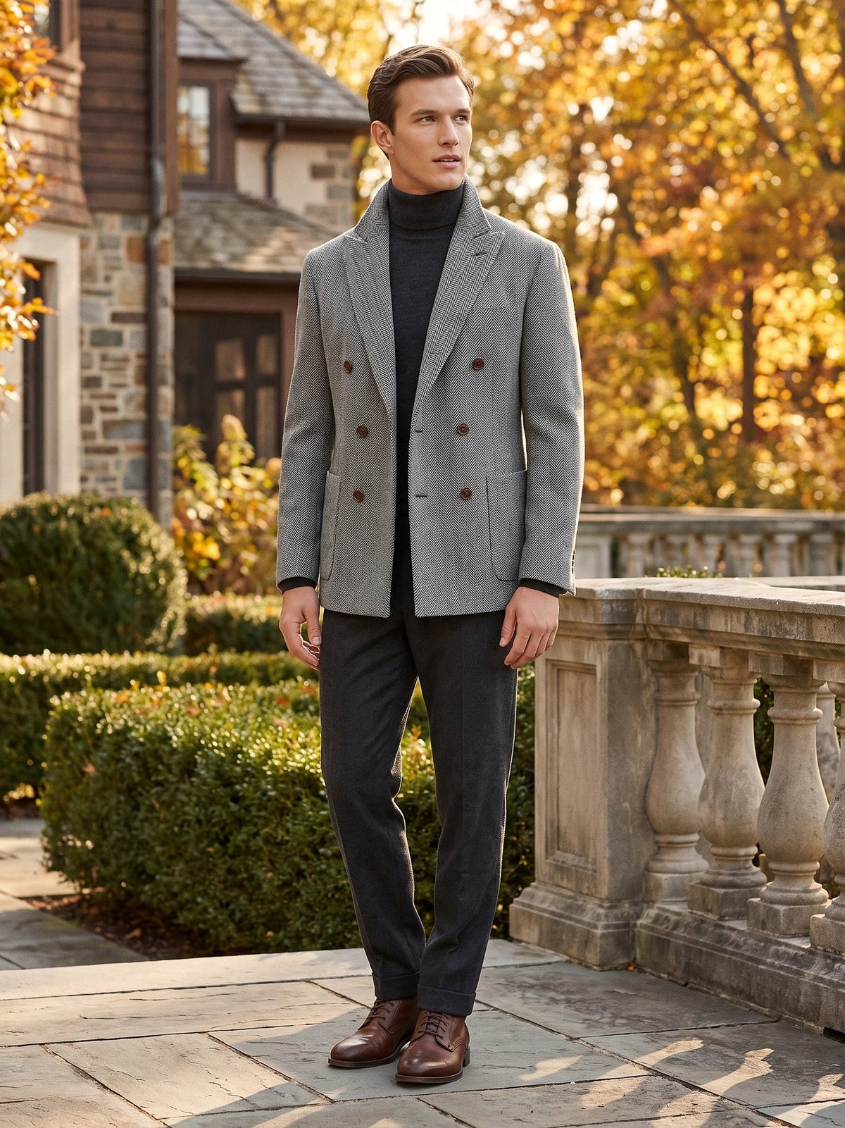 Men's Suit Coat Double-Breasted Herringbone Wool Blazer for Business Casual