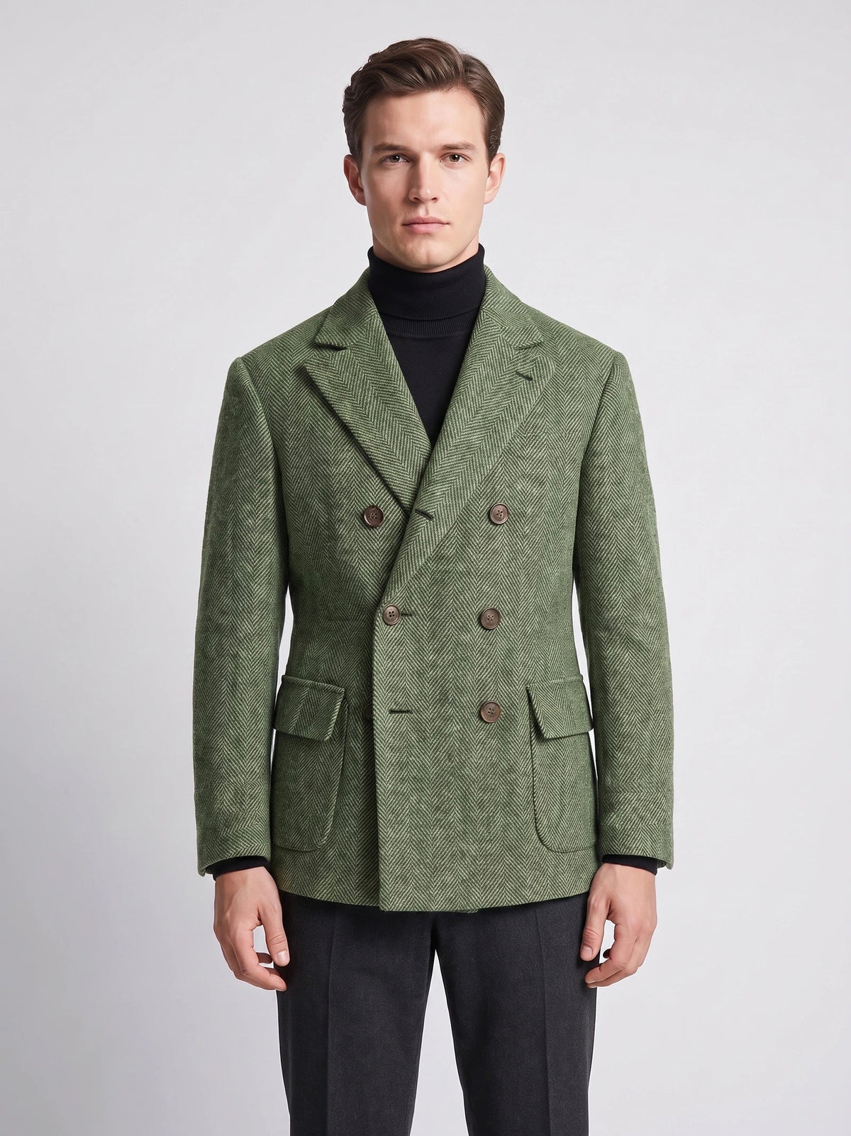 Men's Suit Coat Double-Breasted Herringbone Wool Blazer for Business Casual
