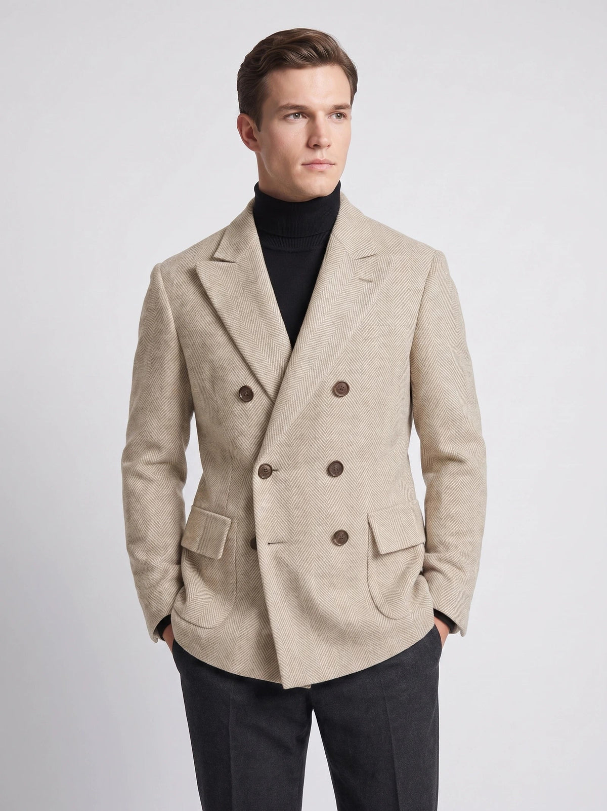Men's Suit Coat Double-Breasted Herringbone Wool Blazer for Business Casual