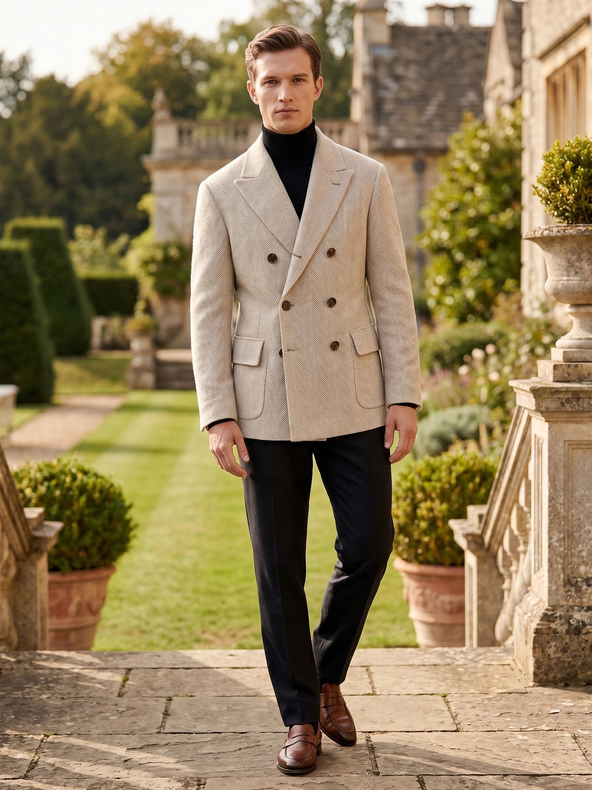 Men's Suit Coat Double-Breasted Herringbone Wool Blazer for Business Casual