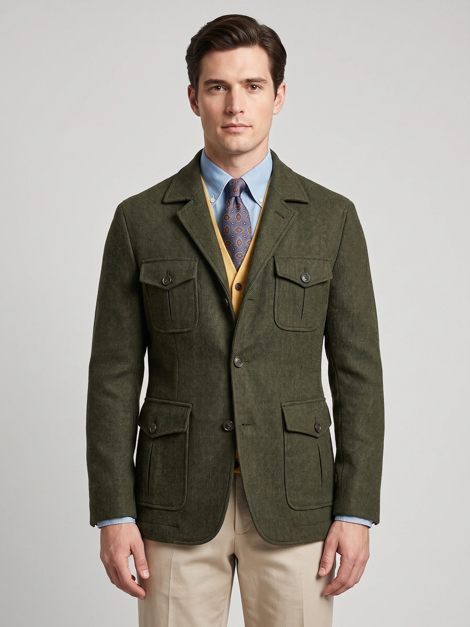 Men's Tweed Jacket, Single-Breasted Wool Blend Slim-Fit Blazer for Autumn Winter