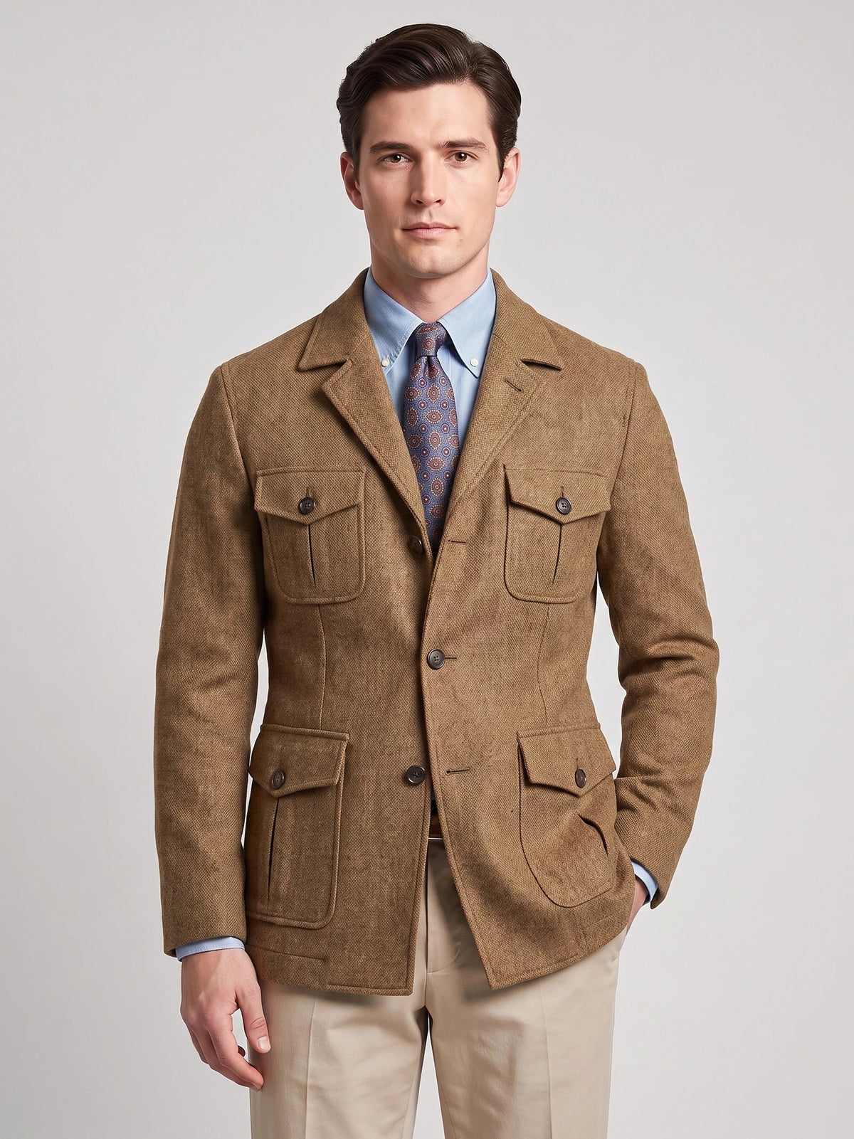 Men's Tweed Jacket, Single-Breasted Wool Blend Slim-Fit Blazer for Autumn Winter