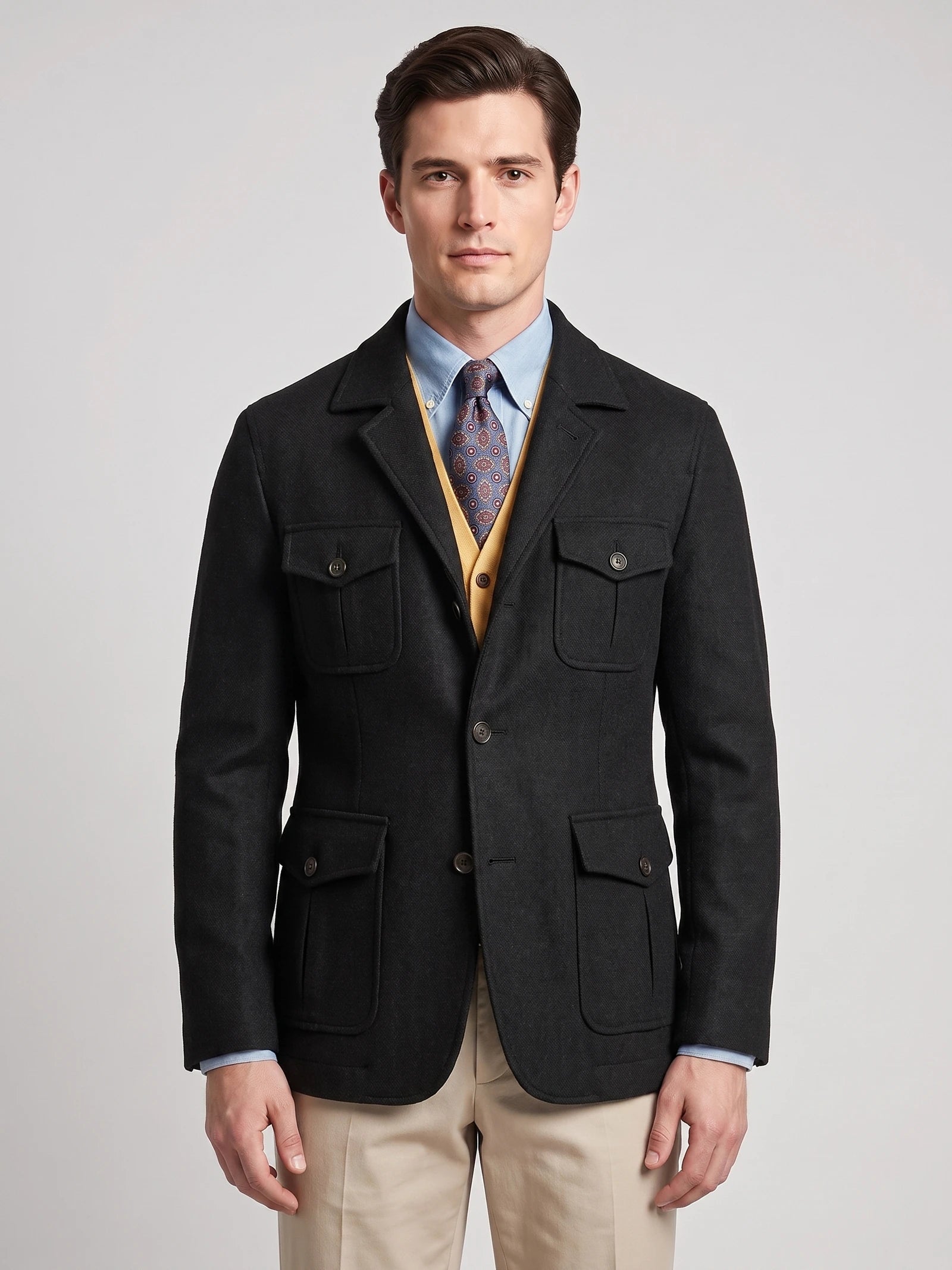 Men's Tweed Jacket, Single-Breasted Wool Blend Slim-Fit Blazer for Autumn Winter
