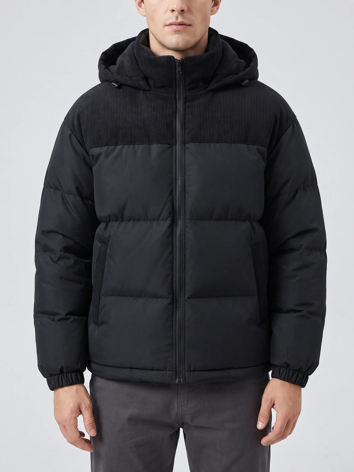 Men's Padded Puffer Jacket with Hood, Fleece-Lined Winter Jacket