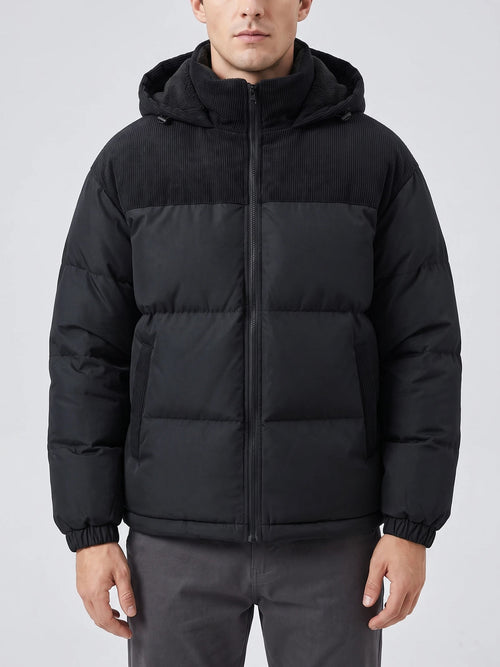 Men's Padded Puffer Jacket with Hood, Fleece-Lined Winter Jacket