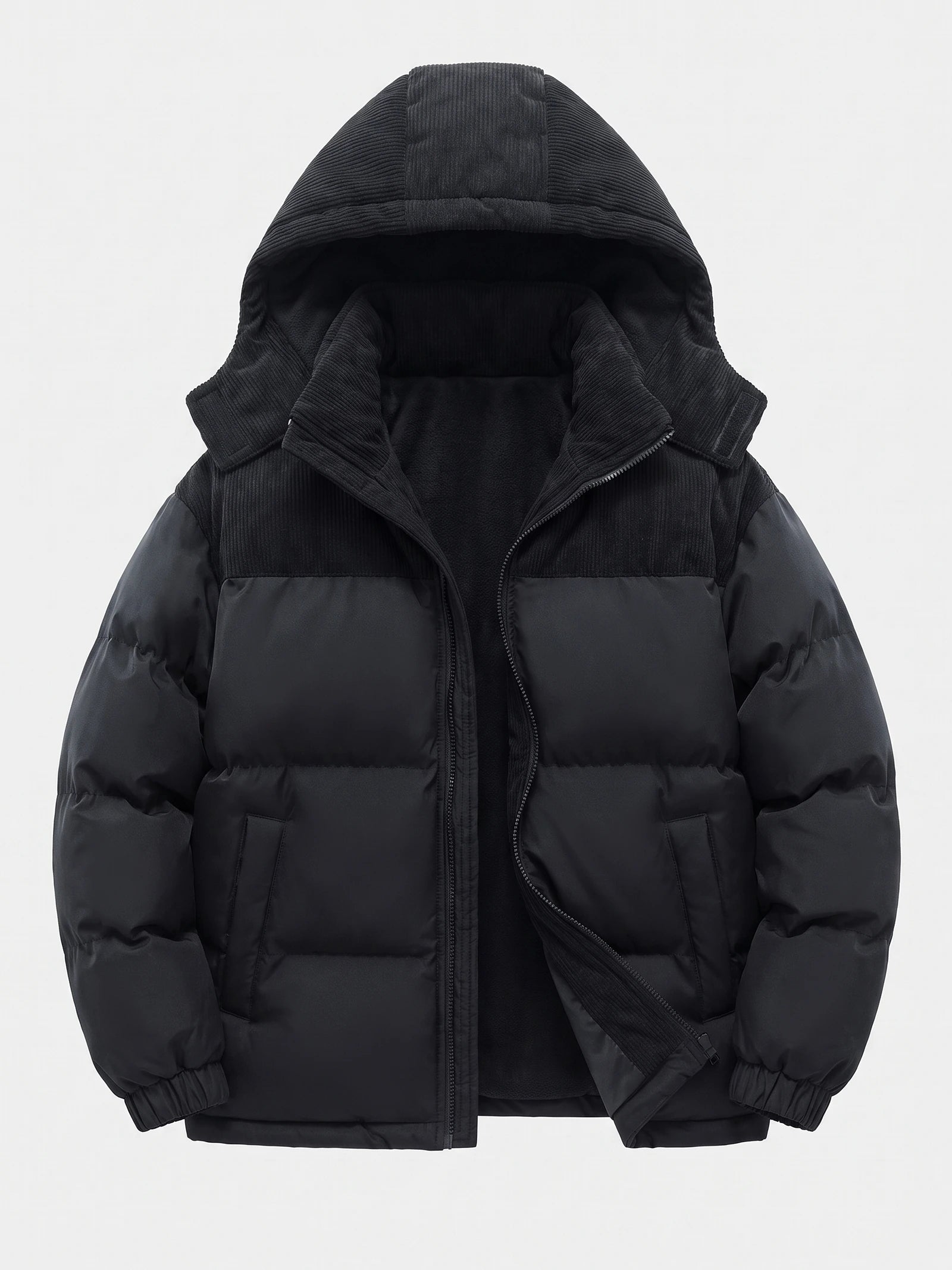 Men's Padded Puffer Jacket with Hood, Fleece-Lined Winter Jacket