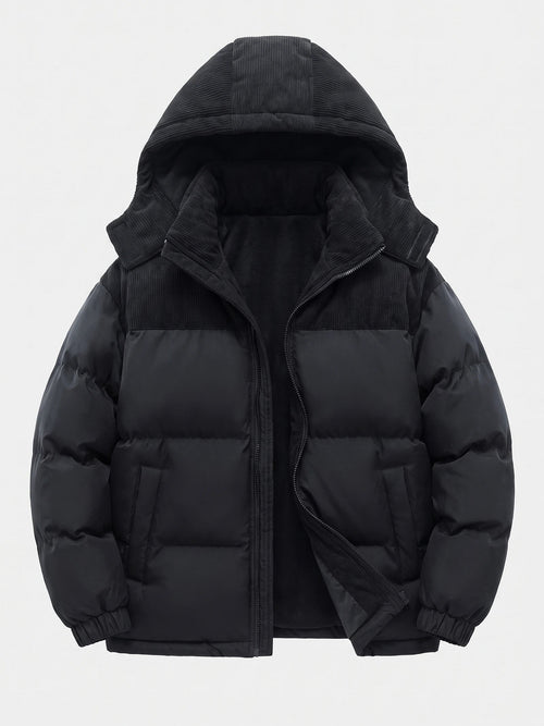 Men's Padded Puffer Jacket with Hood, Fleece-Lined Winter Jacket