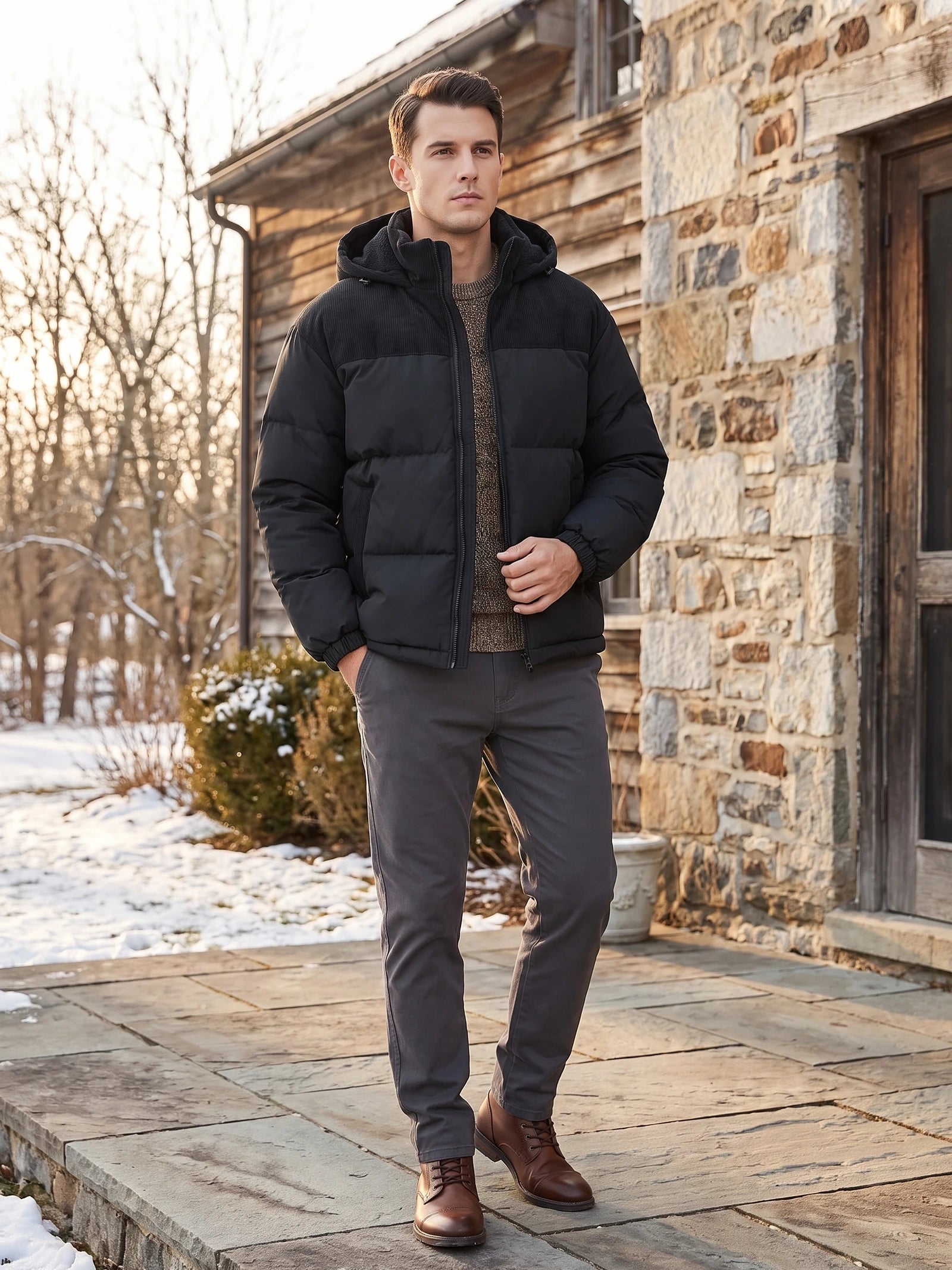Men's Padded Puffer Jacket with Hood, Fleece-Lined Winter Jacket