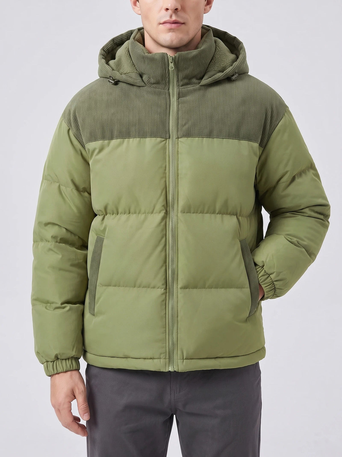 Men's Padded Puffer Jacket with Hood, Fleece-Lined Winter Jacket
