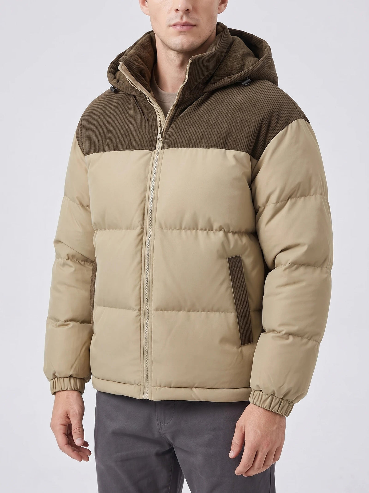 Men's Padded Puffer Jacket with Hood, Fleece-Lined Winter Jacket