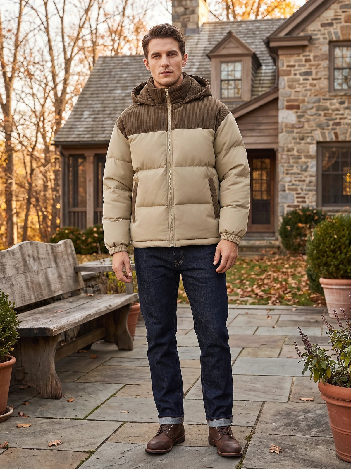 Men's Padded Puffer Jacket with Hood, Fleece-Lined Winter Jacket