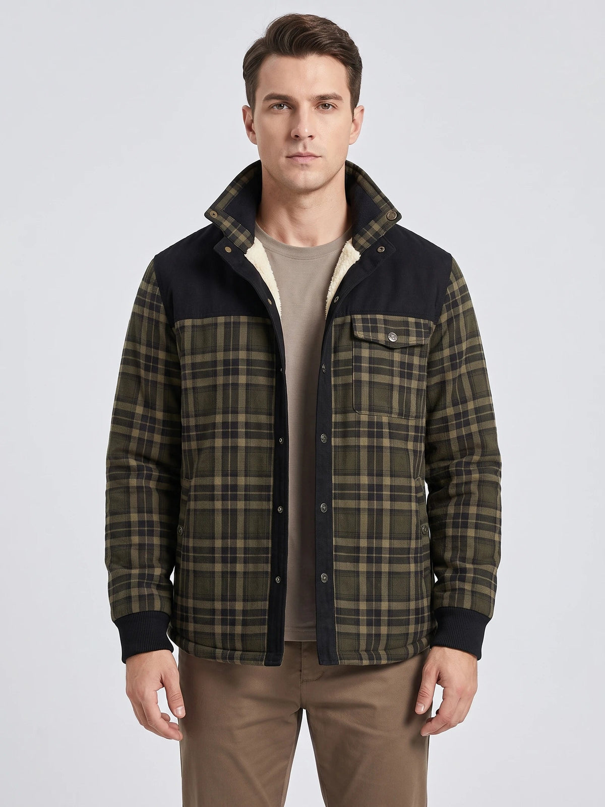 Men's Fleece Lined Check Shirt Jacket, Green Brown Autumn Jacket